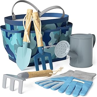 Gardening Set, Tool Kit, for Kids, STEM, Includes Tote Bag, Spade, Watering Can, Rake, Fork, Trowel and Gloves (Camo Quest)