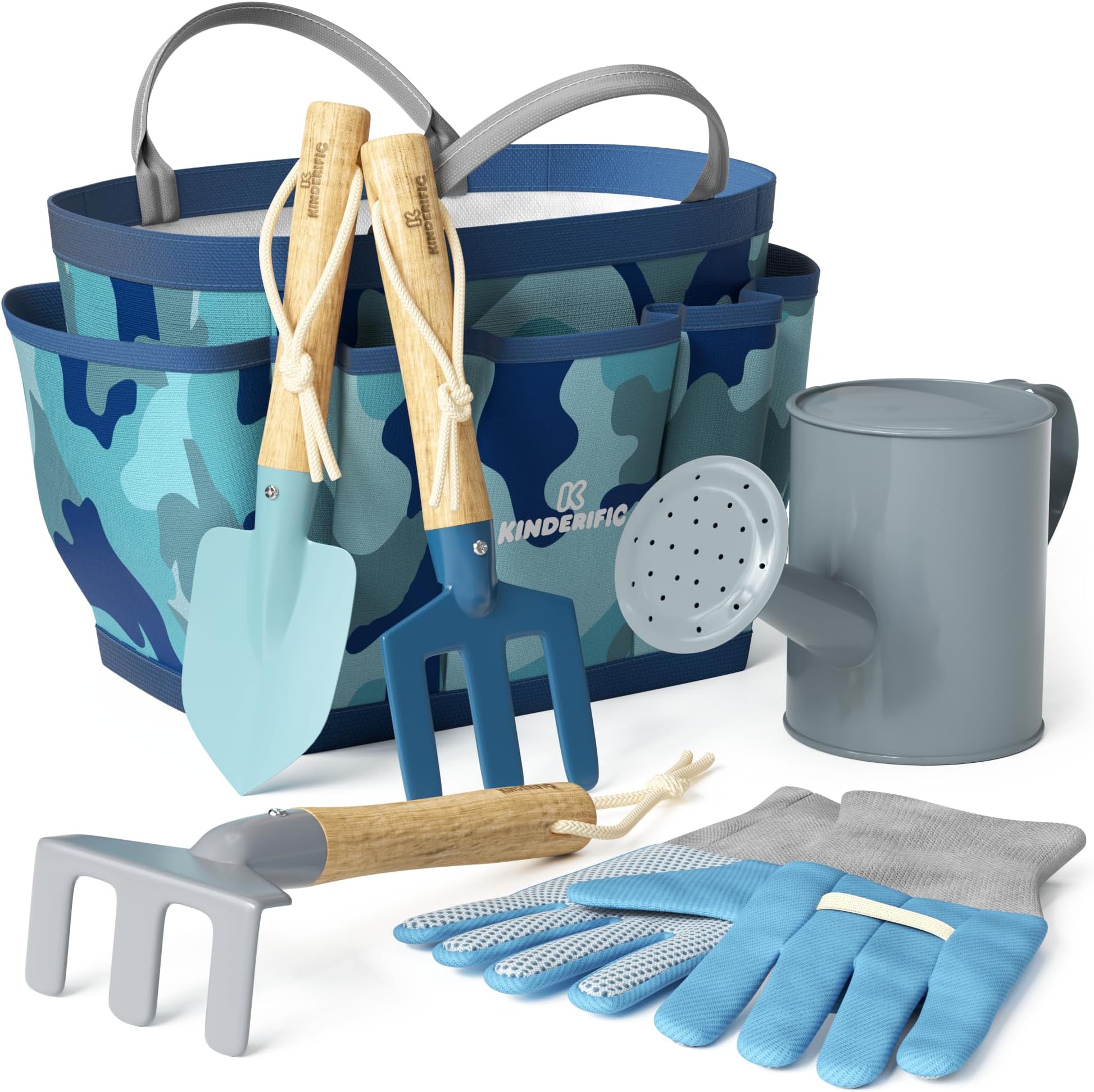 Kinderific Gardening Set, Tool Kit, for Kids, STEM, Includes Tote Bag, Spade, Watering Can, Rake, Fork, Trowel and Gloves (Camo Quest)