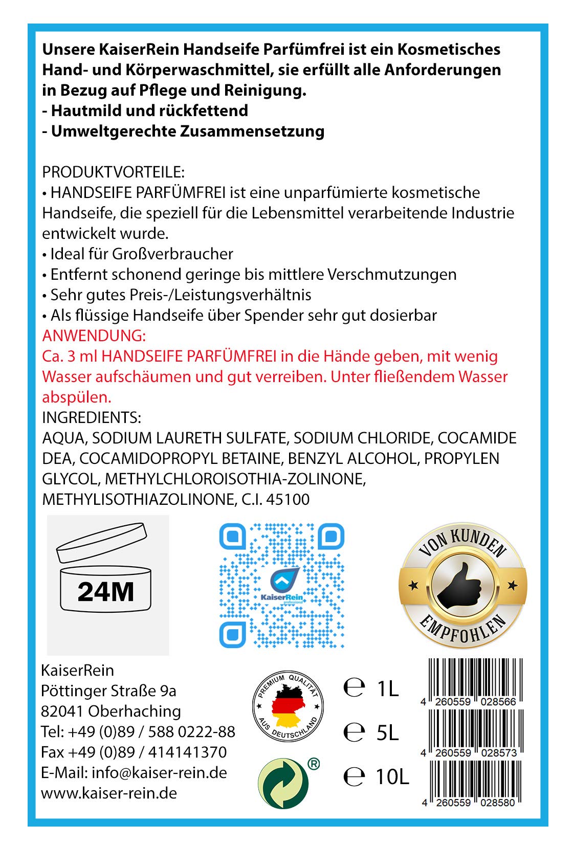 Produktbild von KaiserRein Handseife & Duschgel Parfümfrei – 10 L, Mild Und Rückfettend, DERMATEST „Sehr Gut“, Ohne Parabene