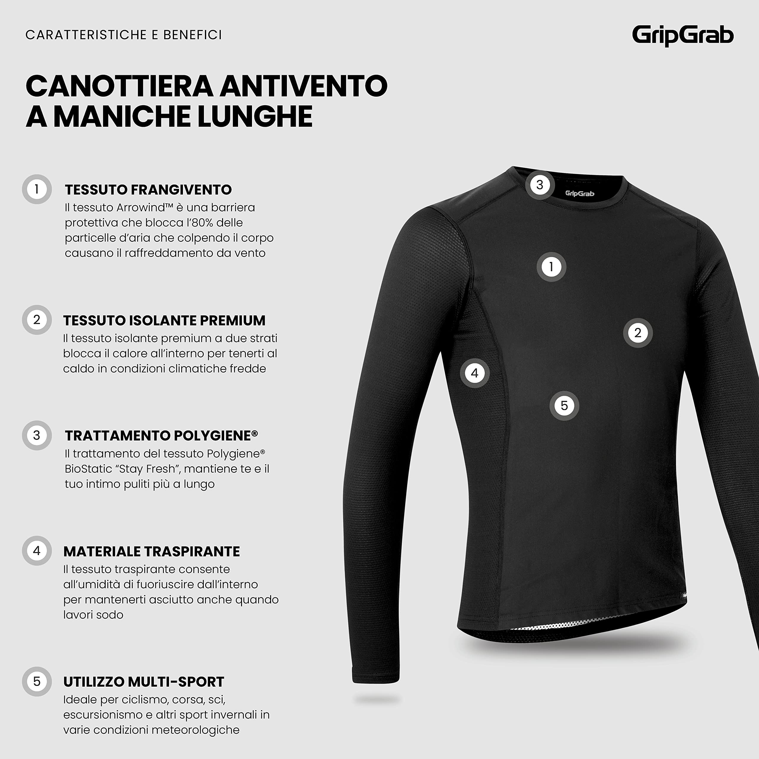 GripGrab Maglia Intima Ciclismo Windbreaking Invernale a Maniche Lunghe Termica Antivento Traspirante Abbigliamento Ciclismo