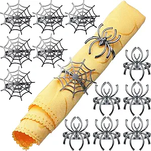 12 Pieces Spider Napkin Rings Halloween Napkin Ring Spider Web Napkins Rings Set Metal Spooky Napkins Holder Serviette Buckle Party Supplies for Halloween Dinning Costume (Black,Without Rhinestone)
