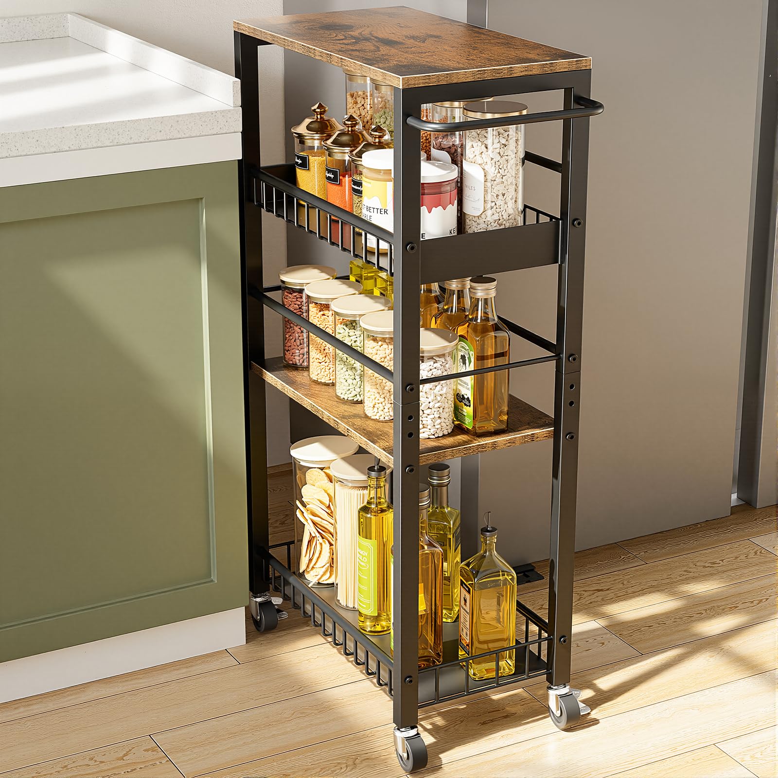 Kssiaz Slim Storage Rolling Cart, 4 Tier Narrow Cart with Wheels, Metal Kitchen Rolling Cart for Small Spaces, Slide Out Storage Shelves for Kitchen,