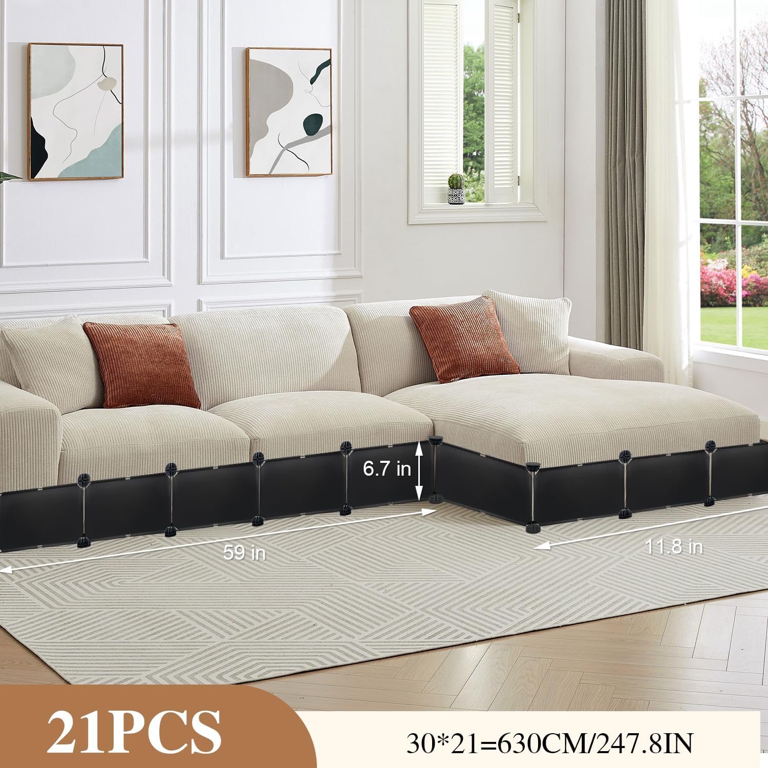 6.7" H x 248" L in Total Under Couch Blocker, Adjustable Length Couch Blockers for Pets, Couch Blockers Keep Cat Dog Off Couch, Fits Loveseat, Sofa, Couch, Black