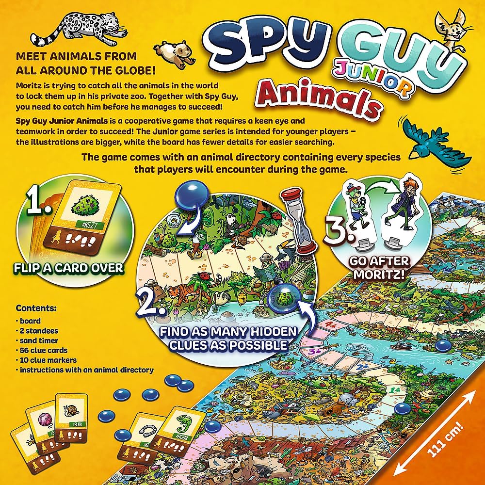 Trefl Spy Guy Animals Junior Cooperative Detective Game, Family Board Game, Meet the Animals, Huge Cartoon Board, for Adults and Children Aged 3 and Over