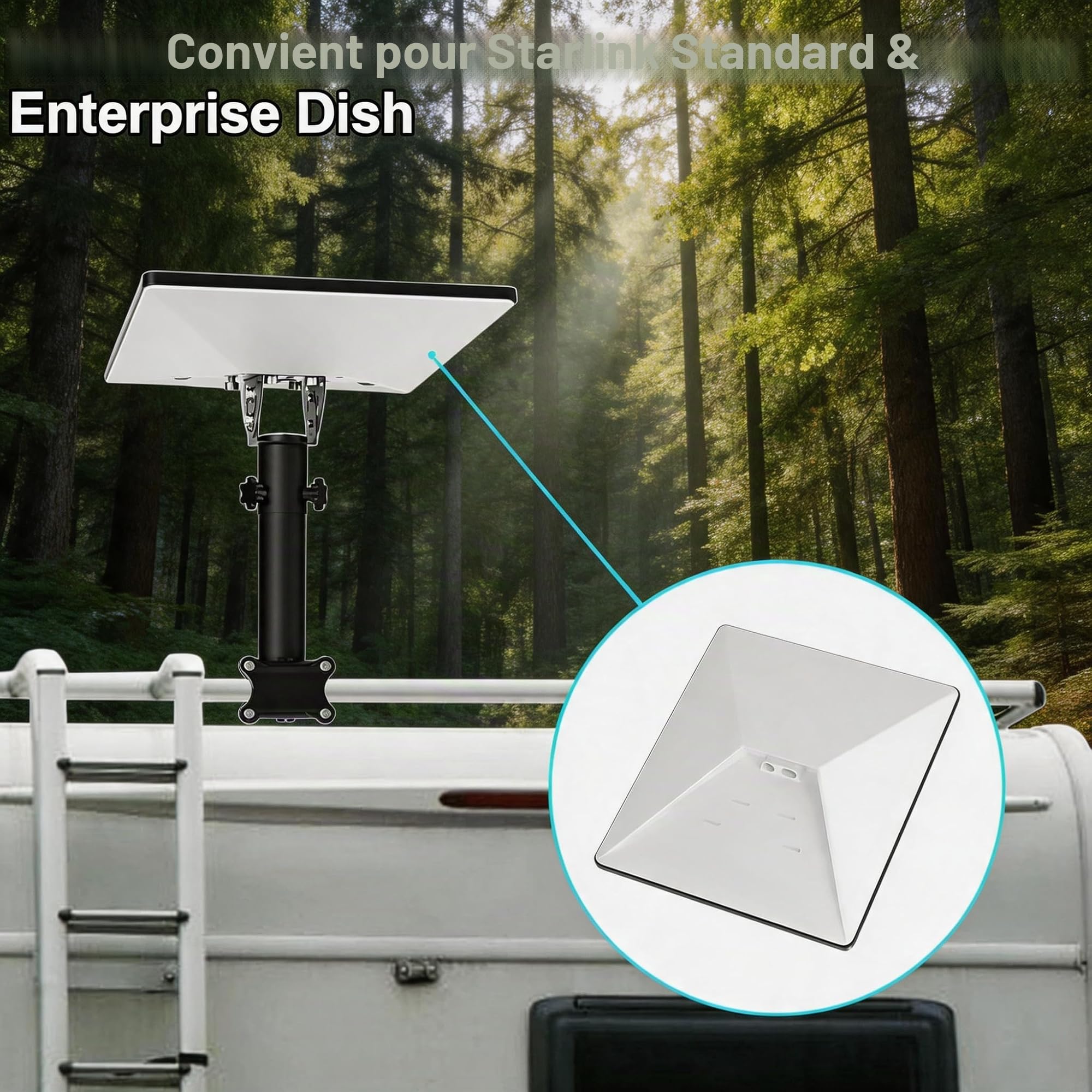 Support Starlink Mini, support de poteau à pince RV, réglable sur 160 degrés, équipé d'un adaptateur de tube Starlink Mini, réglable pour installation sur véhicule, camping-car, échelle et yacht.