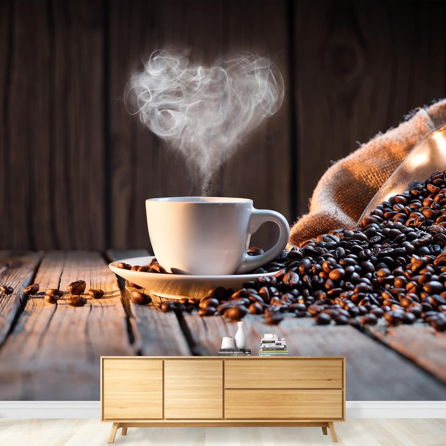 wall26 - Traditional Coffee Cup with Heart-Shaped Steam on Rustic Wood - Removable Wall Mural | Self-Adhesive Large Wallpaper - 66x96 inches
