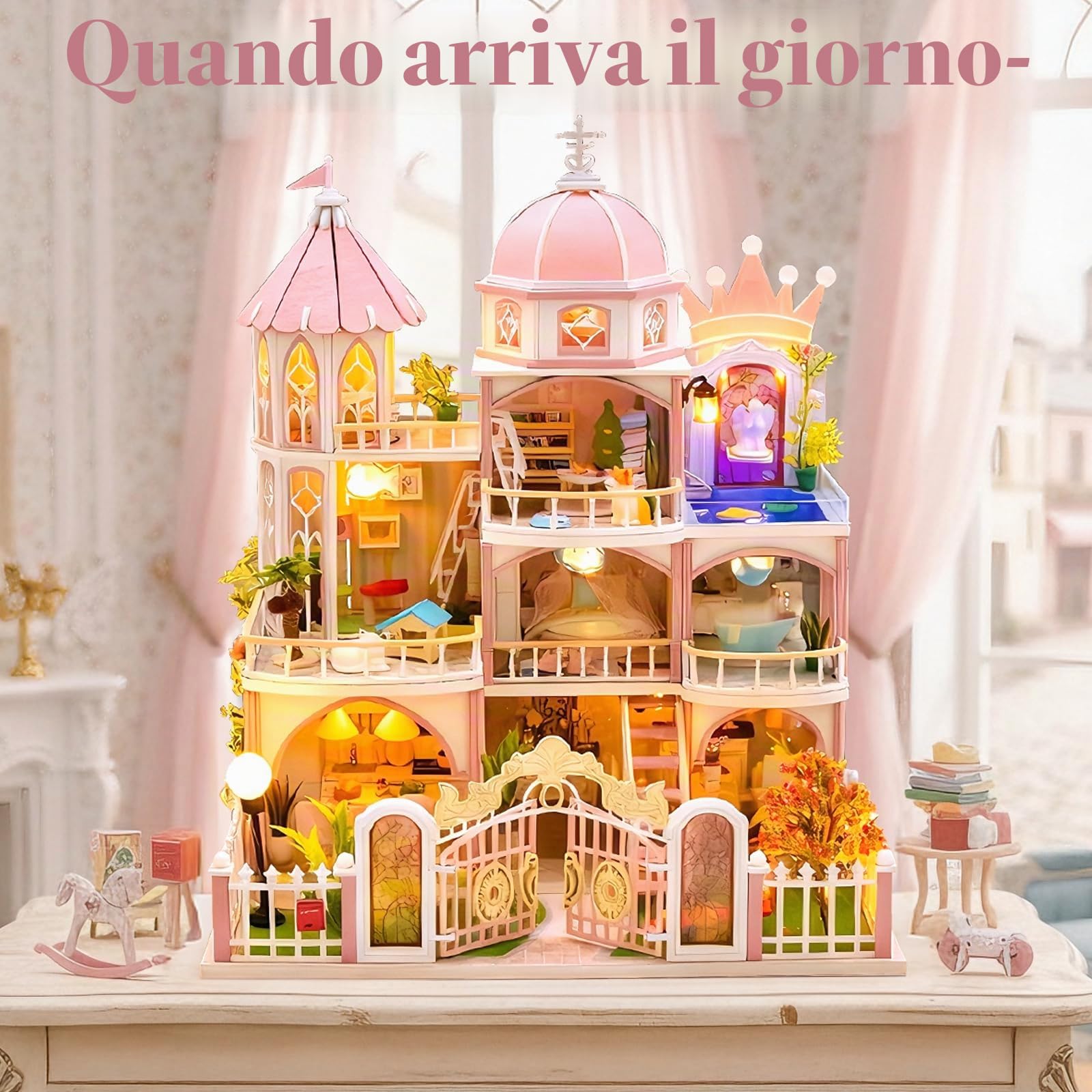 Cuteefun Casa delle Bambole con luce LED, Artigianato in Legno Unico, Adatto per Adulti e Adolescenti, Costruite la Casa dei Vostri Sogni, Compleanno Regali di Natale (Castillo de Princesa) | Casa delle bambole in legno per adulti, costruisci la tua casa