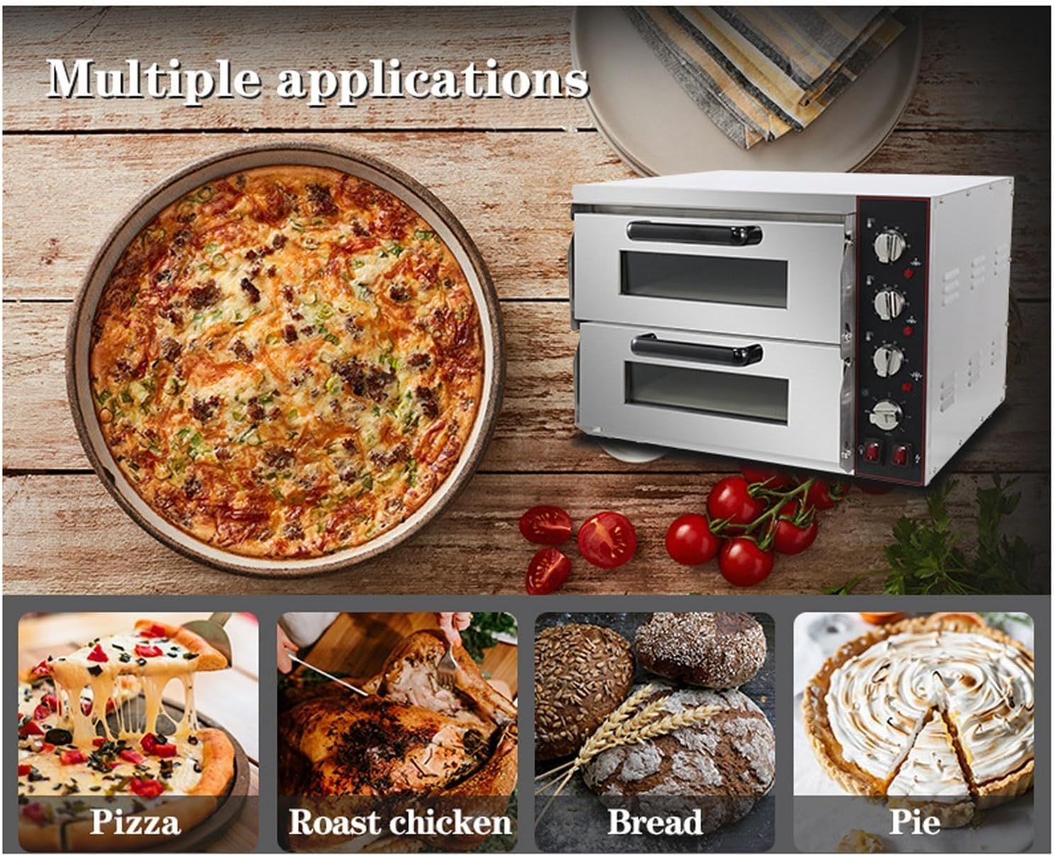 Forno elettrico for pizza commerciale, macchina for pizza in acciaio inossidabile da banco da 2000 W, temperatura regolabile da 50 a 350 ℃ e timer da 0 a 60 minuti, cuoci pizza da 16 pollici, tacchino
