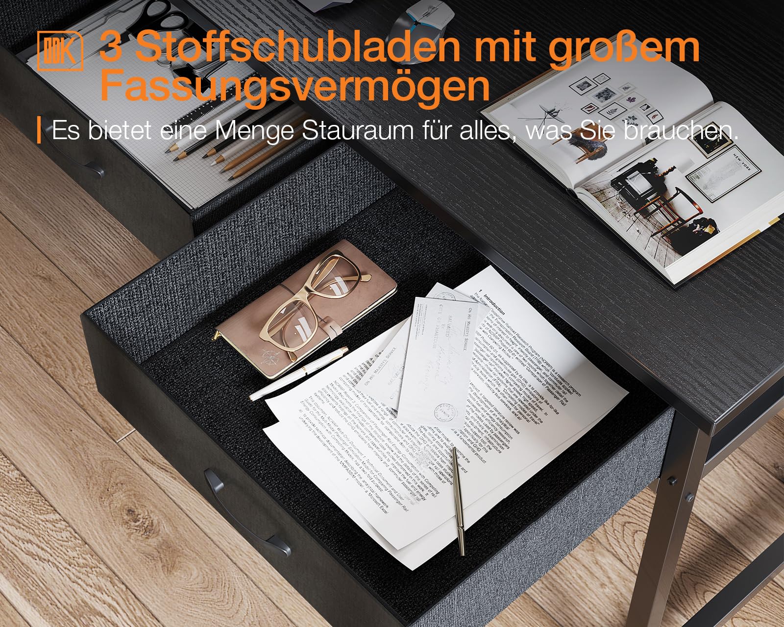 ODK Scrivania con 3 Cassetti, Scrivania da Gaming con Luci LED, Tavolo da Gioco con Prese di Corrente e 2 Prese di Ricarica USB, Tavolo per Computer con Supporto per Casa (Nero, 120x50x92.7cm)