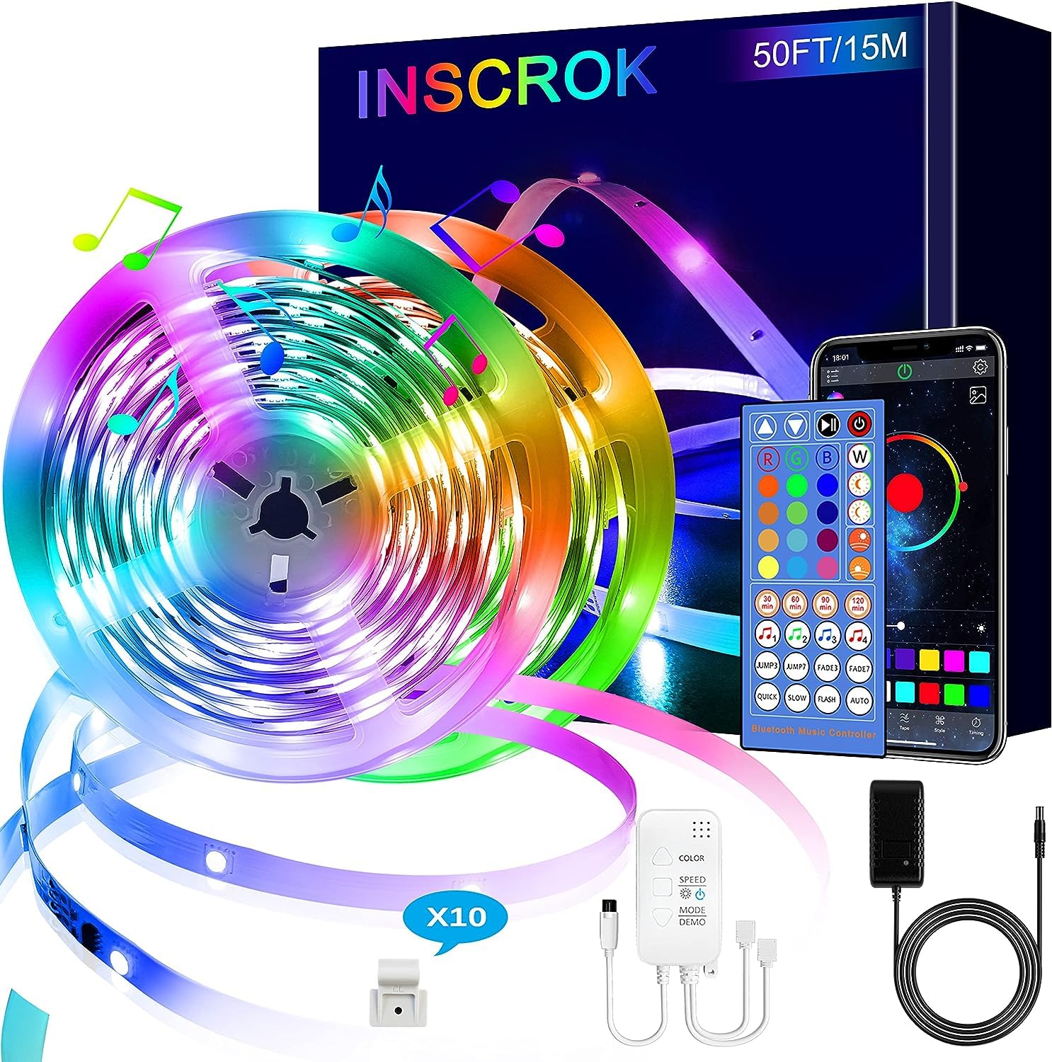 15m Bluetooth LED Light Strips for Bedroom, RGB Strip Light, Music Sync RGB Indoor LED Light with Remote, SMD5050 Tape Lights with Adapter Full Kit