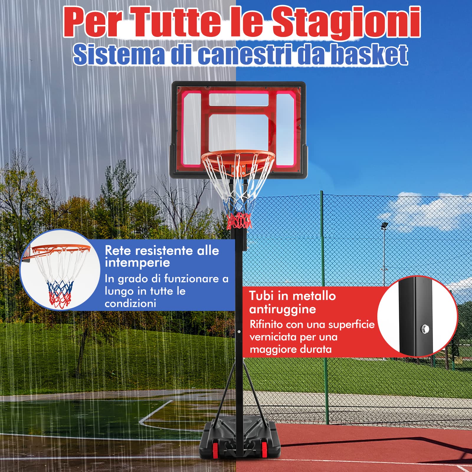 COSTWAY Canestro da Basket da Esterno ed Interno, Canestro da Basket Regolabile a 10 Livelli e Portatile, con Tabellone da 82cm, 2 Ruote e Borsa, per Tutte le Condizioni Atmosferiche