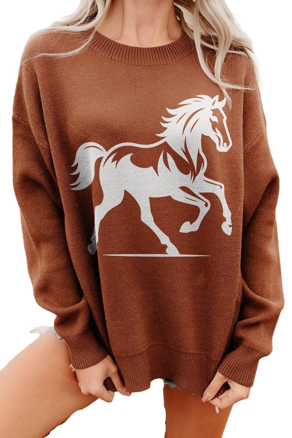 Apvirdy Womens Horse Print Western Sweater Loose Crewneck Drop Shoulder Sweater Ribbed Knit Pullover