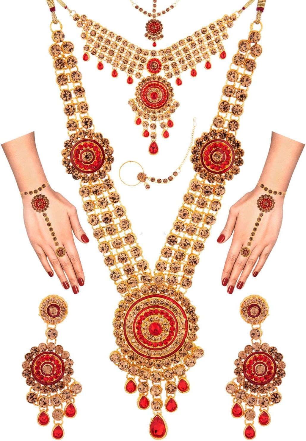 Efulgenz Indian Bridal Jewelry Indian Wedding Jewelry Sets for Women Bridal Bollywood Kundan Rhinestone Necklace Earrings Maang Tikka Head Chain Nose Ring Bracelet Jewelry Set