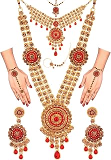 Indian Bridal Jewelry Indian Wedding Jewelry Sets for Women Bridal Bollywood Kundan Rhinestone Necklace Earrings Maang Tikka Head Chain Nose Ring Bracelet Jewelry Set