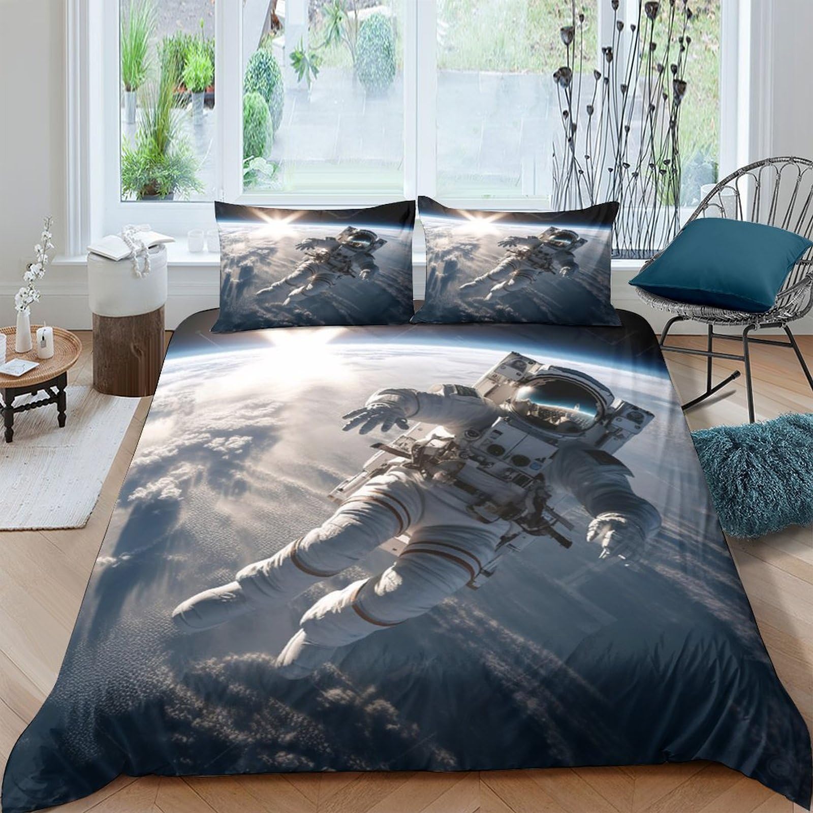 GPLZQXKJNH 3D Printed Astronaut Spacewalk Duvet Cover Microfiber Soft Breathable Nebula Bedding Set with 2 Pillowcases for Bedroom Single（135x200cm）