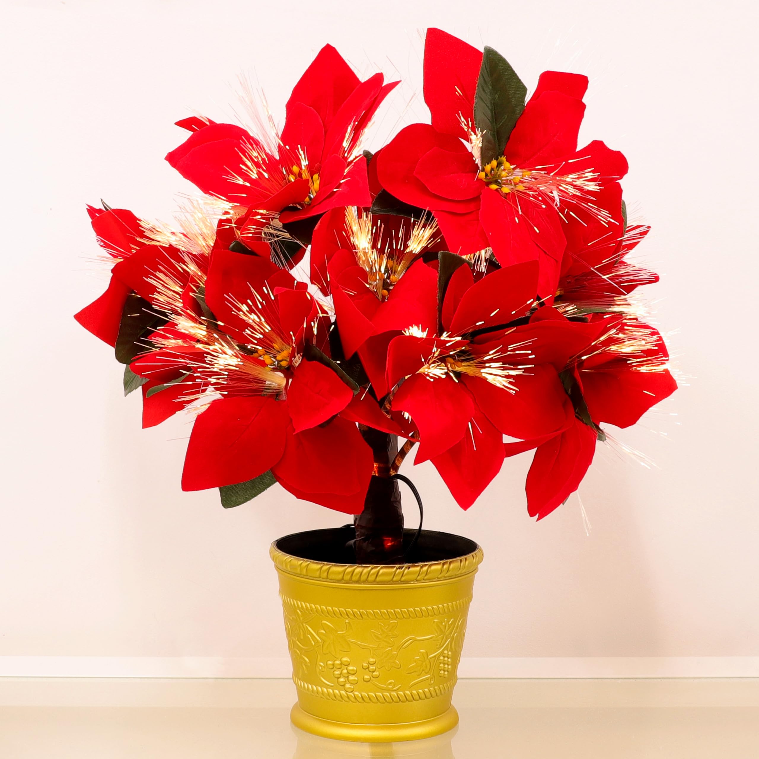 Poinsettia artificiel de Noël avec fibre optique blanc chaud et 9 fonctions lumineuses