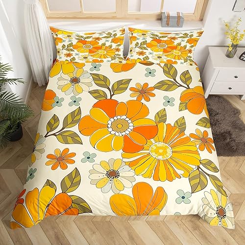 Juego de funda de edredón de tamaño matrimonial, diseño de flores retro, acuarela amarilla, hojas verdes, con 2 fundas de almohada, 3 piezas, 70,