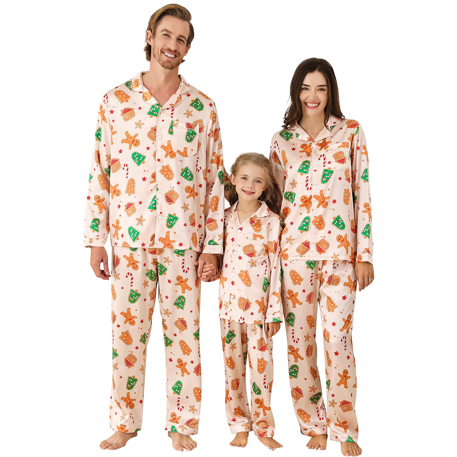 Weixinbuy Matching Family Christmas Pajamas 2025 Silk Satin Long Sleeve Button Down PJs Sets Holiday Sleepwear Loungewear