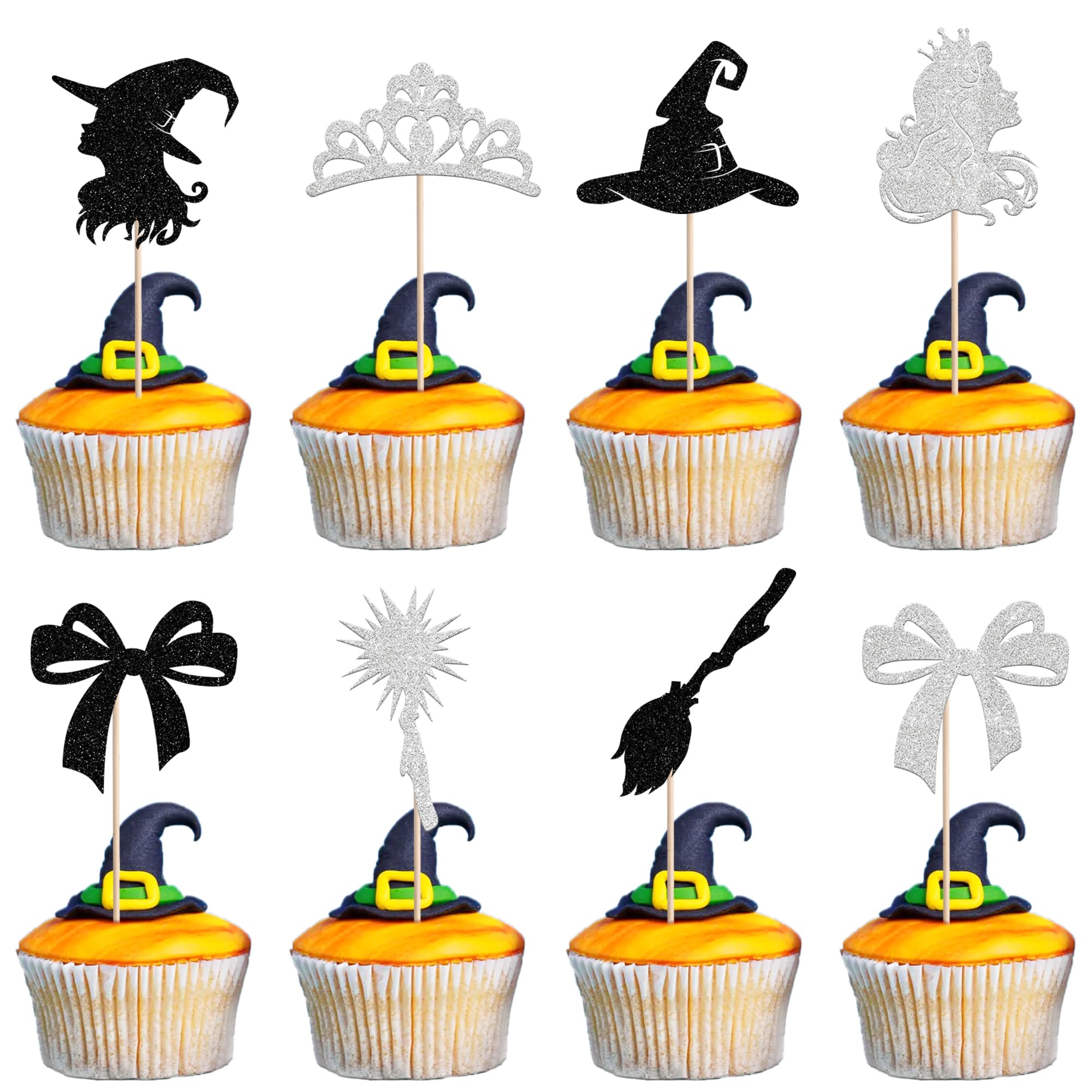 SYKYCTCY24 Pack Magic Witch Cupcake Toppers Glitter Witch Hat Happy Birthday Cupcake Picks Crown Grils Cake Decorations for Witch Wizard Theme Baby Shower Birthday Party Decoration Supplies