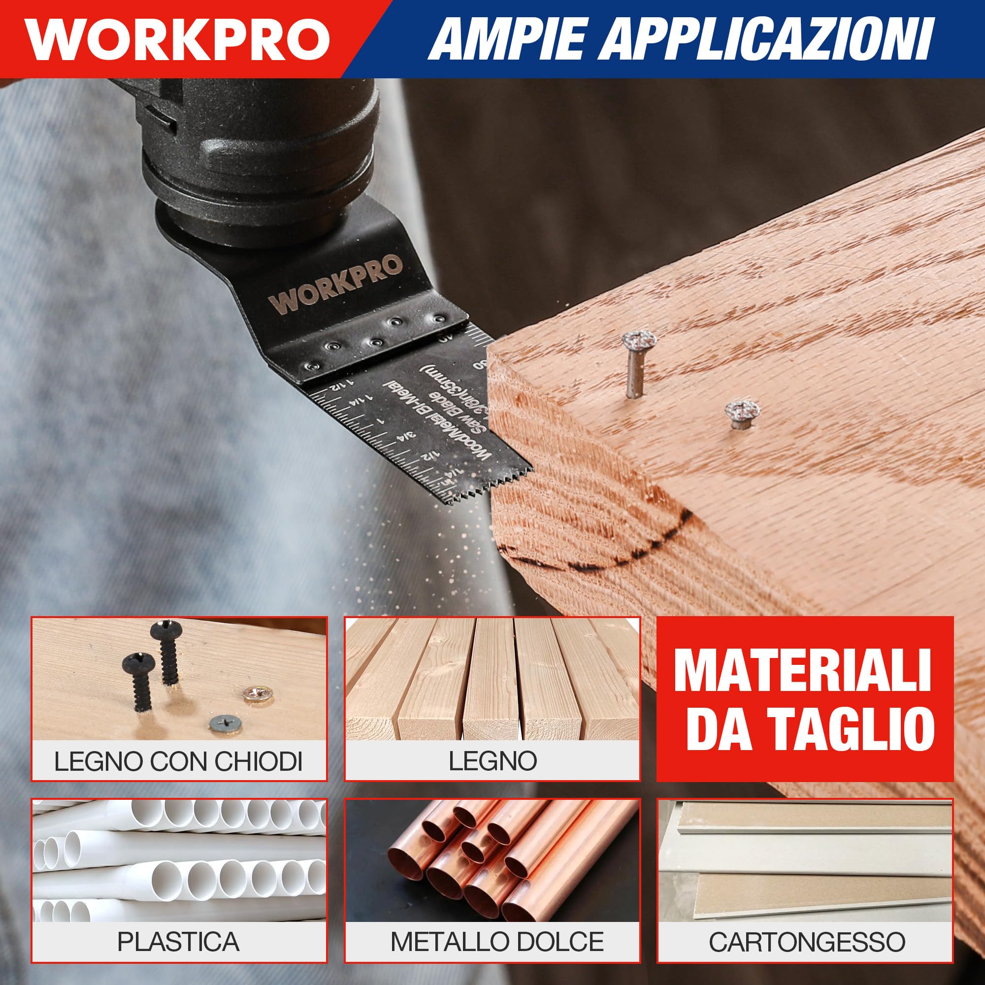 WORKPRO Lame Utensile Multifunzione 10 Pezzi, Lame Utensile Oscillanti Bi-Metallo Materiale, Accessori Oscillanti per Metallo Legno Plastica Cartongesso, Compatibile con la Maggior Parte delle Marche