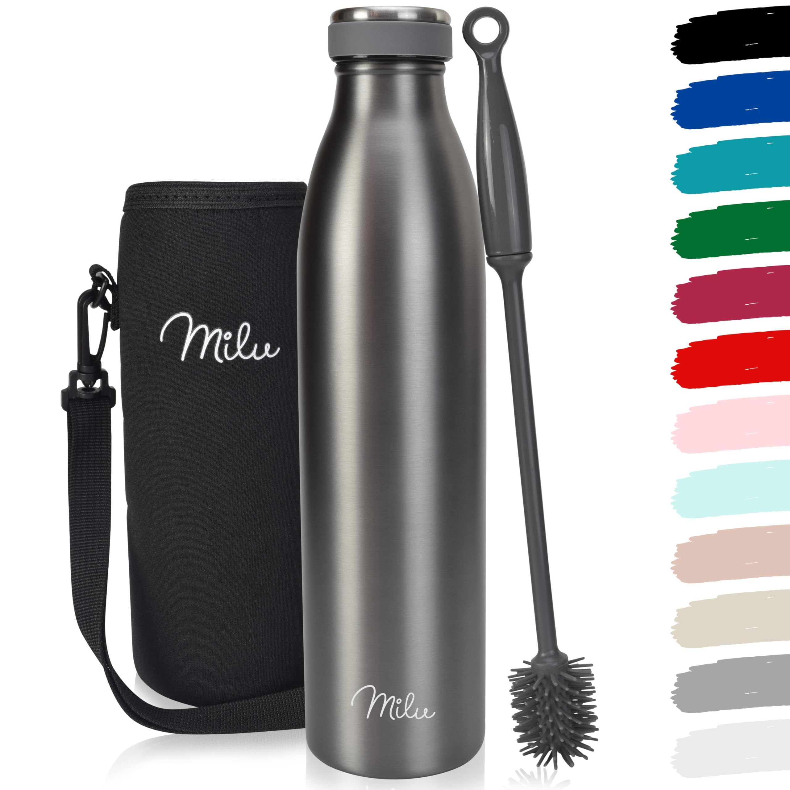 Milu Stainless Steel Drinking Bottle 750 ml - Insulated Thermo Flask for Water - Leak Proof, Insulated and Double Walled, Carbonated (Grey, 750ml)