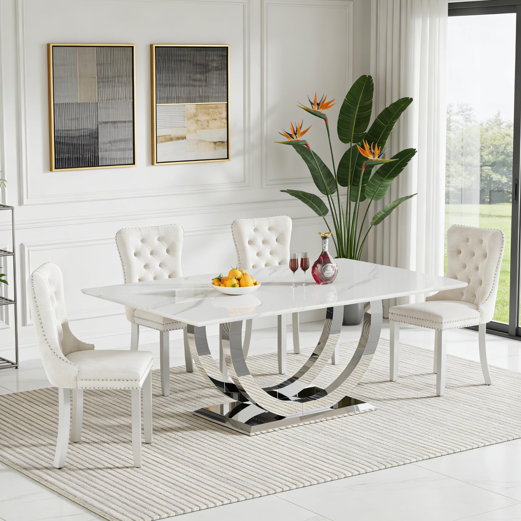 5-Piece Faux Marble Dining Table Set for 4, Luxury White Marble Silver Kitchen Table with 4 Beige Tufted Chairs, 69.3" Rectangular Dining Room Table with Dual U-Shape Stainless Steel Base