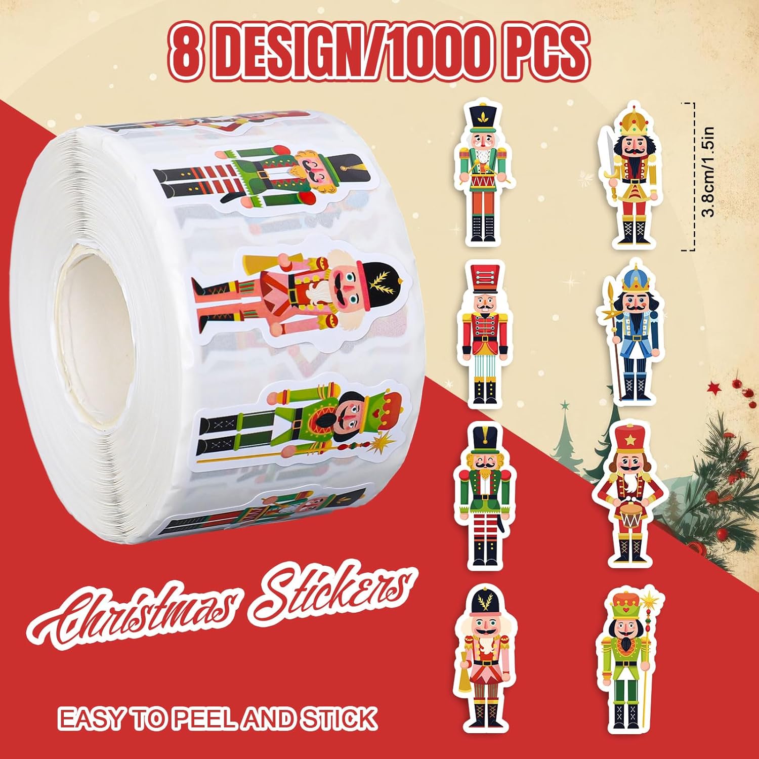Whaline 1000Pcs Christmas Nutcracker Stickers Roll Xmas Cartoon Nutcracker King and Soldier Self-Adhesive Sticker Decals for Birthday Holiday Party Decor Supplies, 8 Designs - Image 2