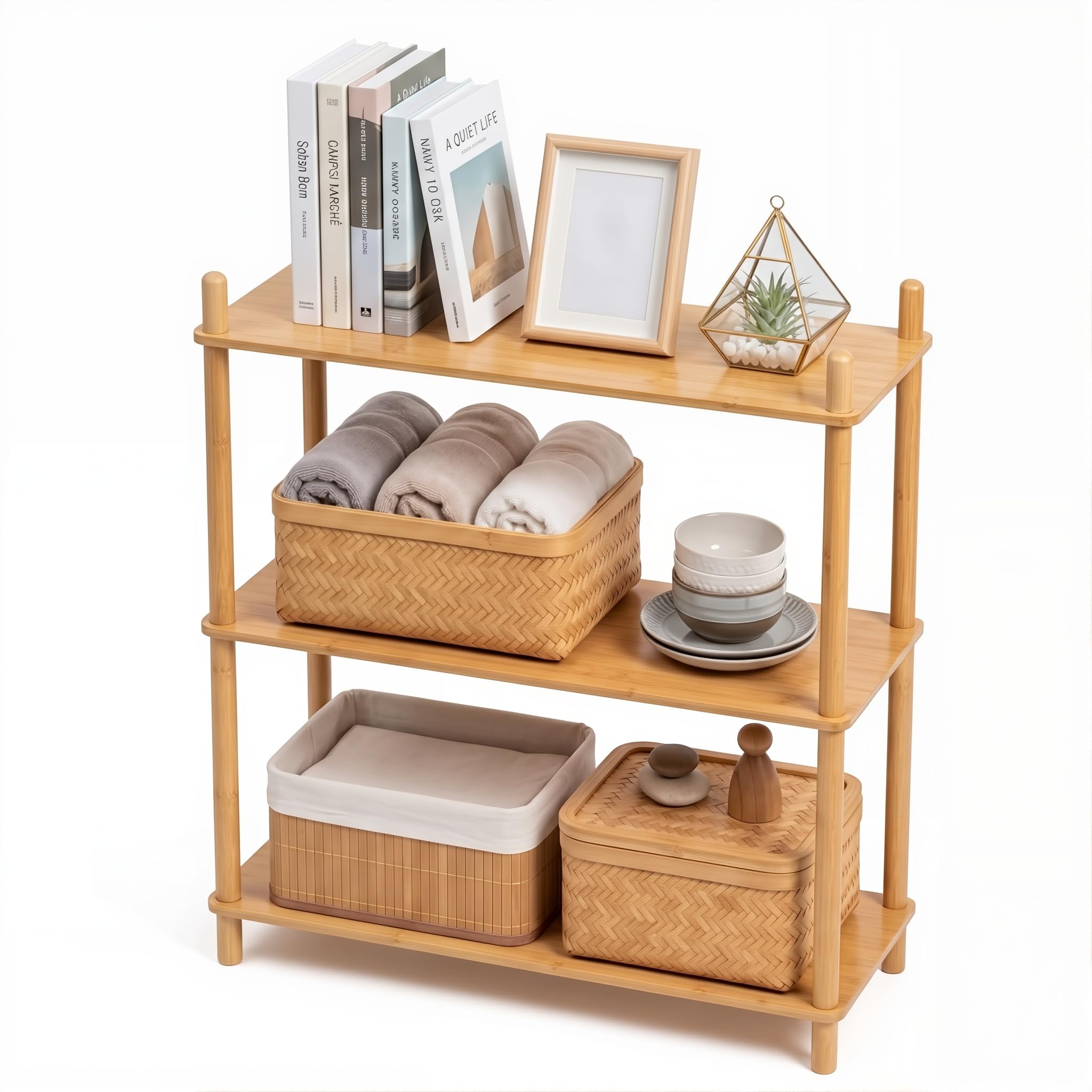 WooFawn 3-Tier Expandable Freestanding Open Bamboo Book Shelf - No-Tool Assembly & Modular,Bathroom Storage Shelf Unit Plant Stand for Small Space,