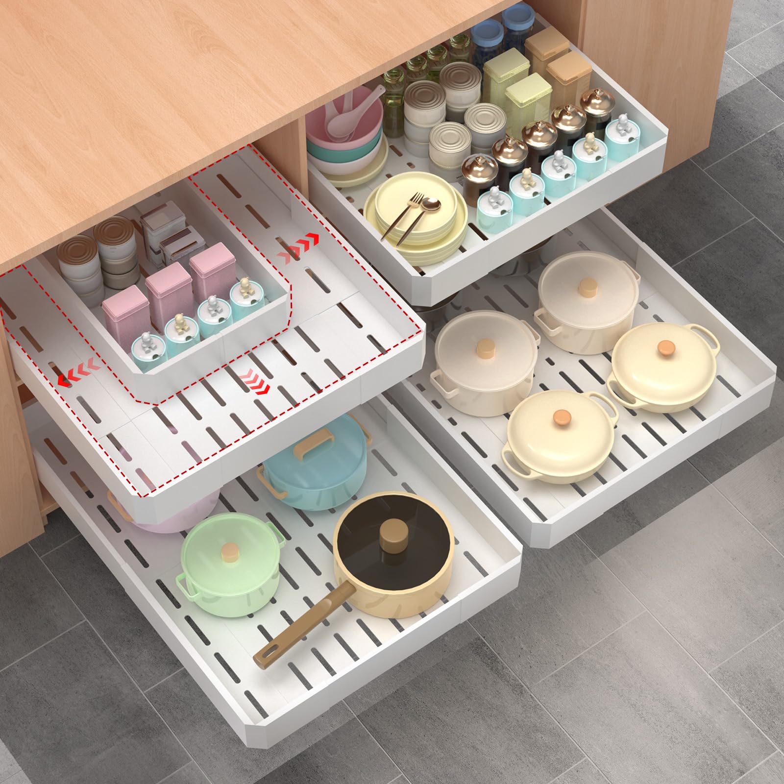 Photo 1 of Pull out Cabinet Organizer,Adjustable Width (14"-19") and Depth (17"-24") Expandable,No Drill Slide out Drawers for Kitchen,Pantry,Adhesive Roll out Shelves,for Cabinets Without Lip (white)