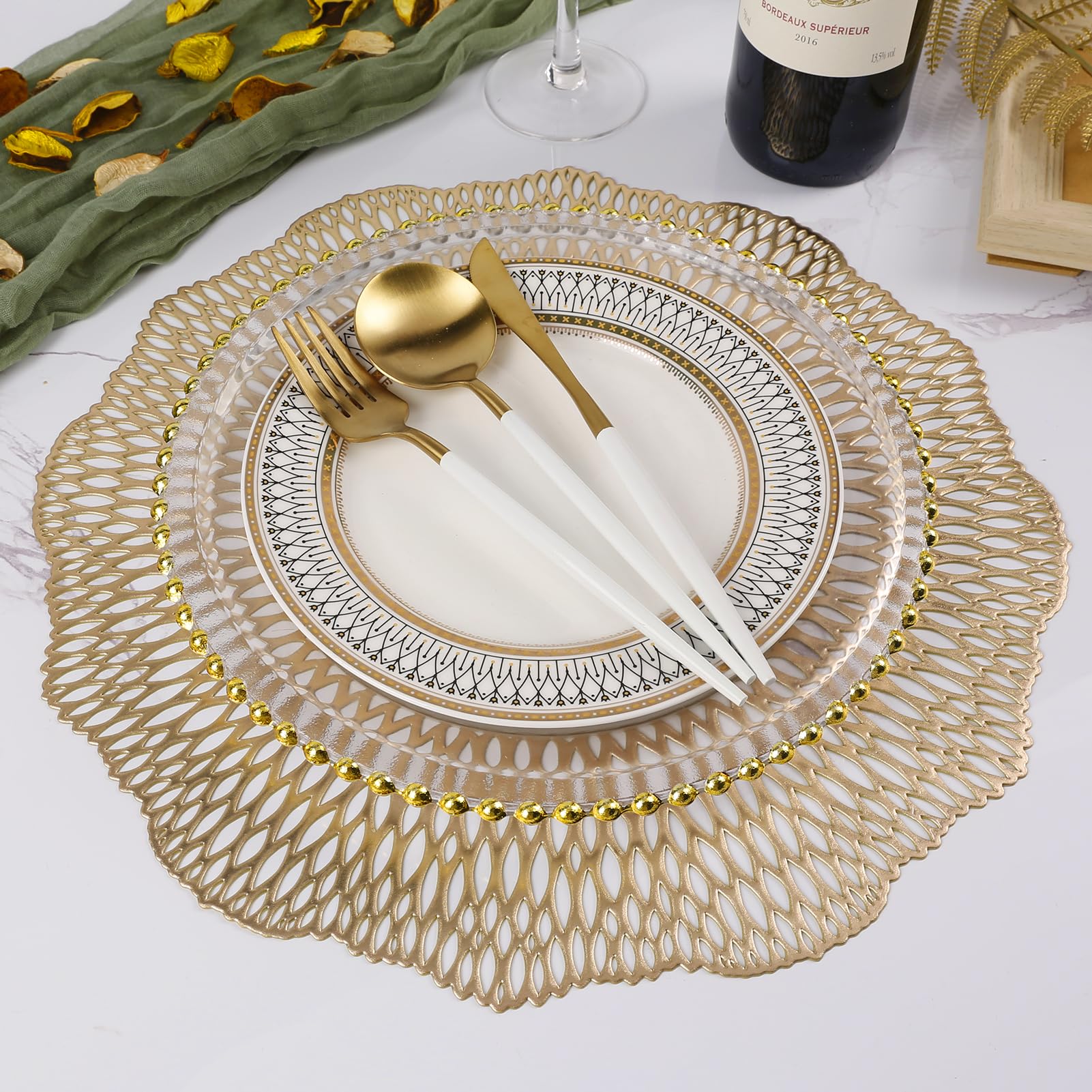 Juego de 6 manteles individuales de vinilo metálico de 15 pulgadas, manteles individuales redondos dorados, decoración de mesa de comedor para bodas, Navidad, Acción de Gracias, vacaciones