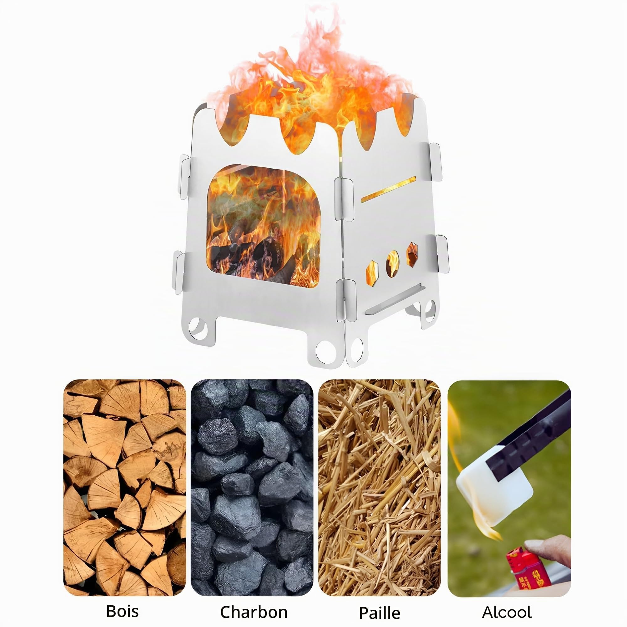 Petit Poele a Bois (Avec Plateau D'alcool), Poele Portable Amovible, Pique-nique Extérieur Multifonctionnel, Réchauds de Camping, Poêle Acier Inoxydablex, Cuisinière Camping Extérieure