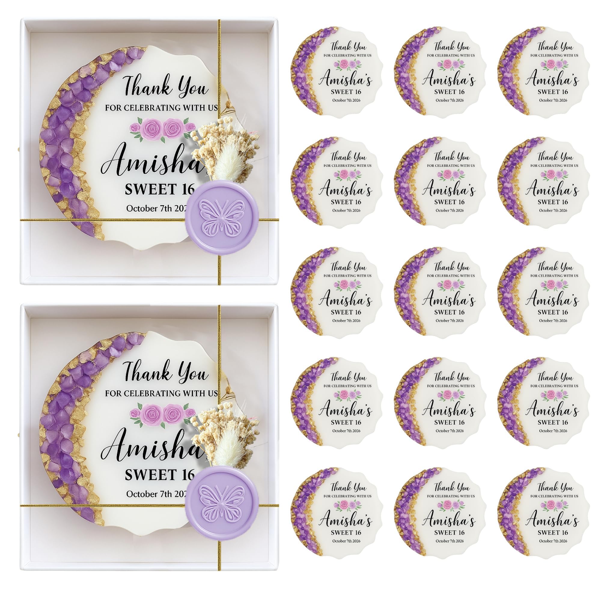 Personalisierte Sweet 16 Gastgeschenke, Quinceañera Partygeschenke für Gäste, Individuelle Erinnerungsstücke mit Schmetterling & Wachssiegel, Sweet 15 & 16 Geschenk (30 Stück mit Geschenkbox)
