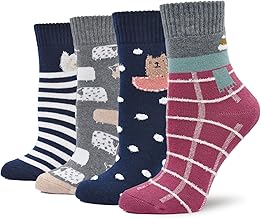 Colorful Winter Thermal Socks for Women - Warm Thick Cotton with Cute Animal Designs - 4 Pairs