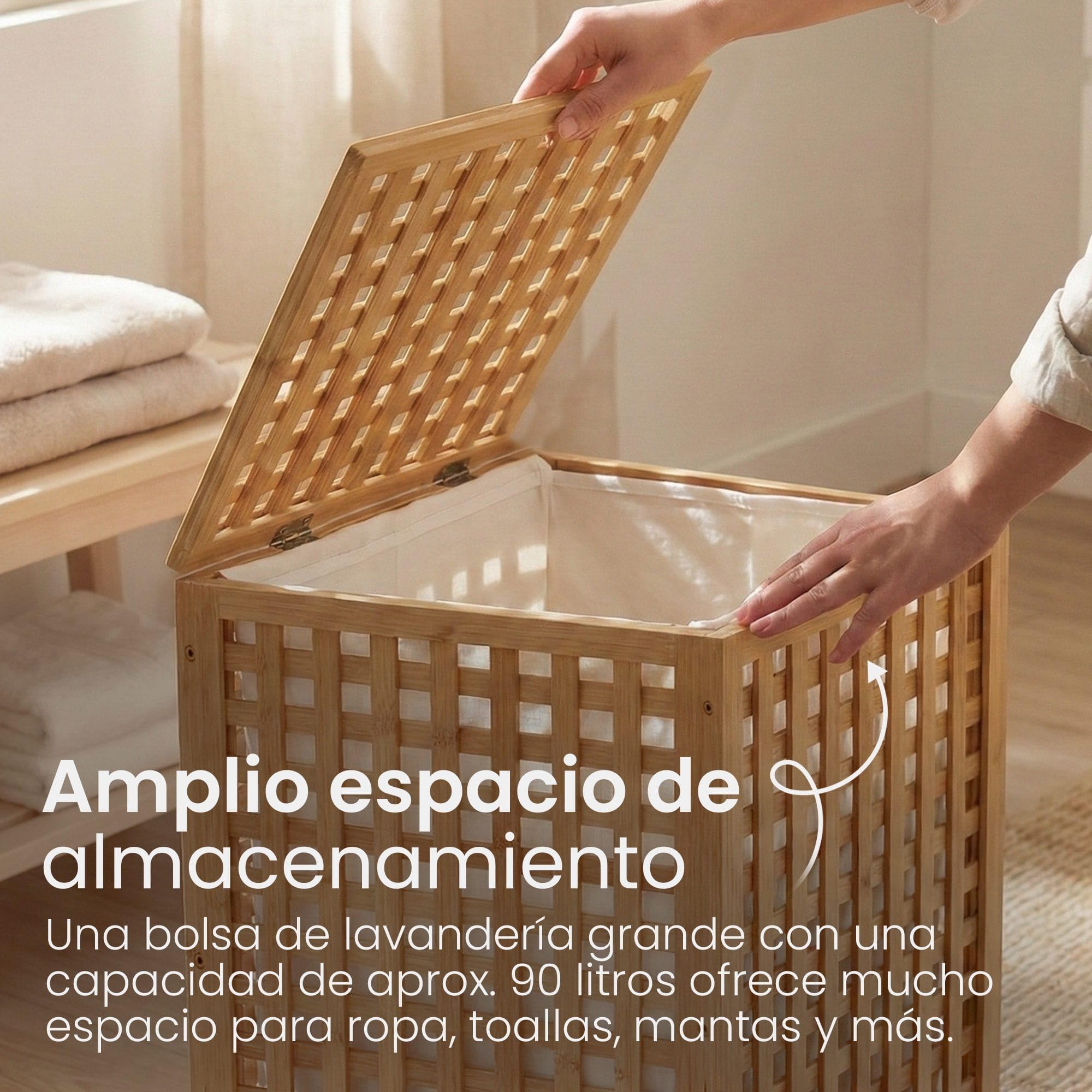 CLP Lenca - Cesto para la ropa sucia (madera, 90 L, lavable, marco de bambú, para baño, color natural)