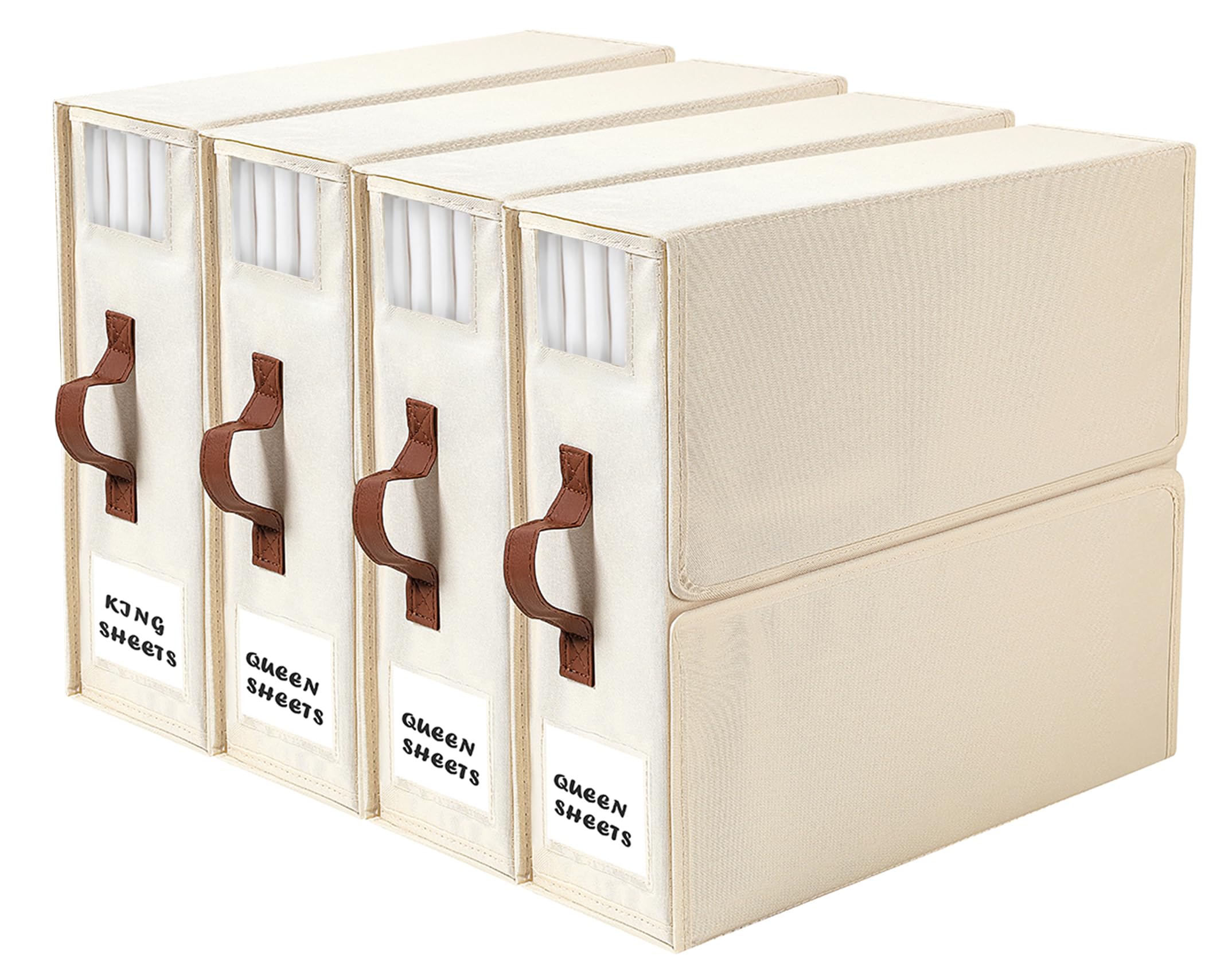 BettMorrow 4 Pack Foldable Bed Sheets Set Organizers and Storage(King & Queen Size), Linen Closet Organizers with Clear Window & Label, Flavenly Bedding Storage Box,Under bed Storage (Beige)