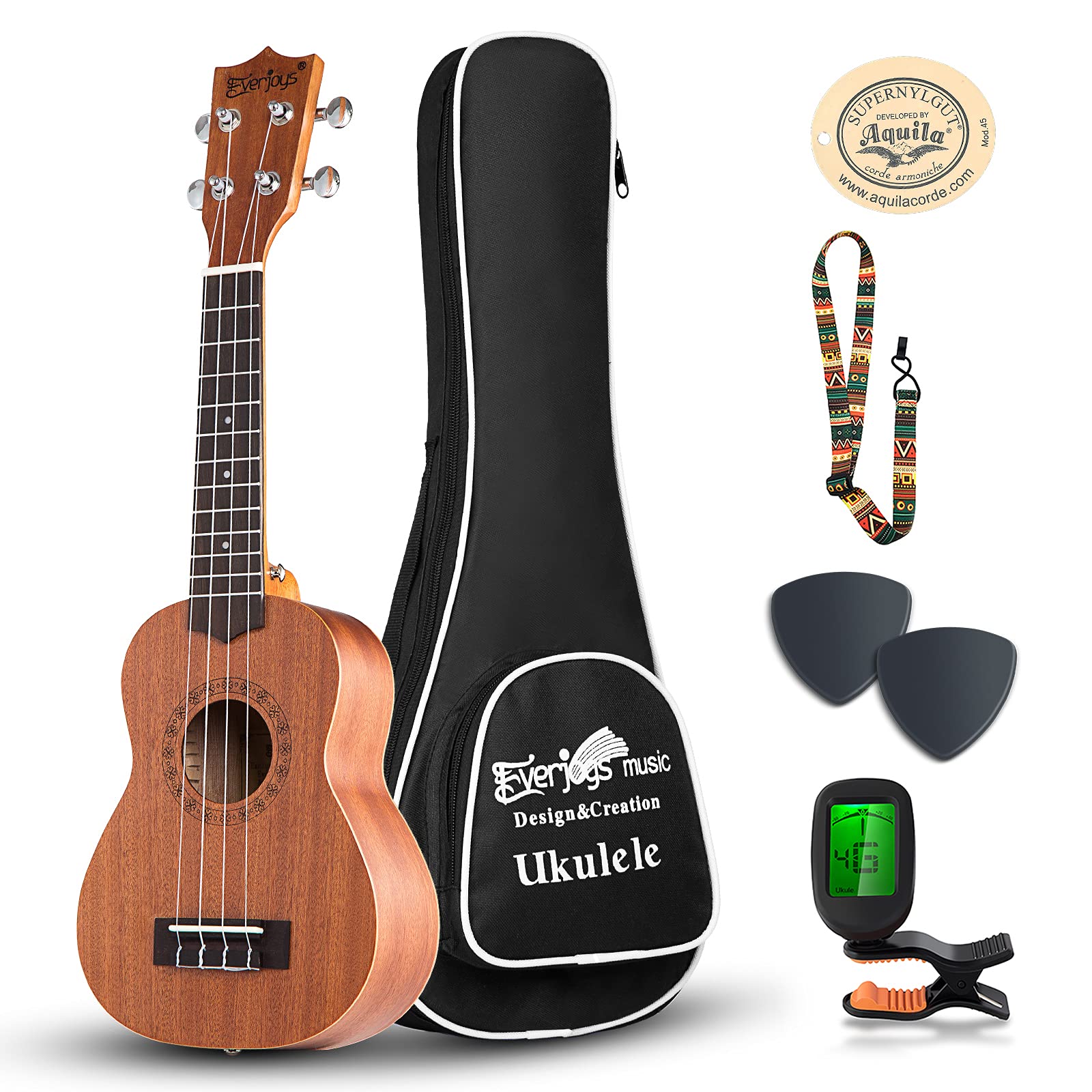 EverjoysSoprano Ukulele Starter Kit - Professional Mahogany 21 inch Ukelele w/Online Lesson Case Strap Digital Tuner Aquila Strings