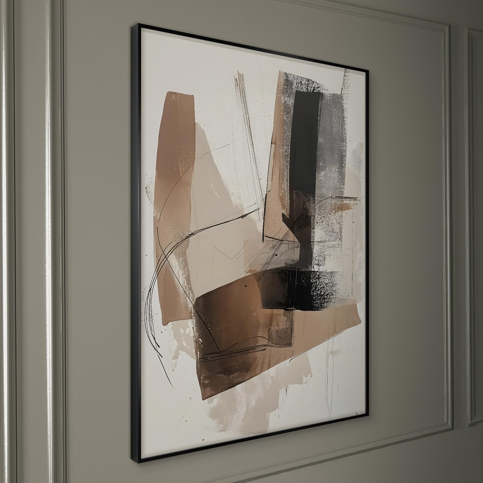 STYLER Bild Diffused 50x70 cm (AUFHÄNGFERTIG) mit elegantem Rahmen – Abstraktes Kunstwerk in Beige Braun Schwarz – Modern Minimalistisch Dekorativ Hochwertig