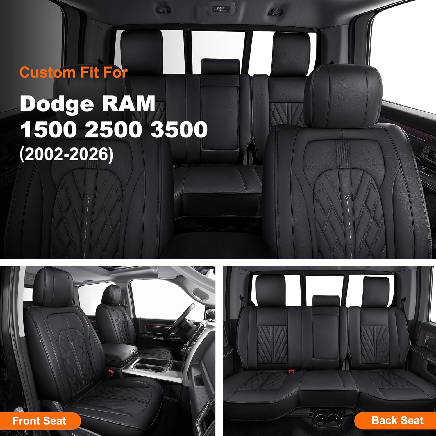 for Dodge RAM 1500 Seat Covers 2002-2024 2025 2026: Compatible with RAM 1500 2500 3500 Car Seat Cover Truck Pickup Crew Double Quad Cab (Curved Bench, Full Set, Black) 2) For RAM (Cruved Bench) 073# Black - 5 Seats