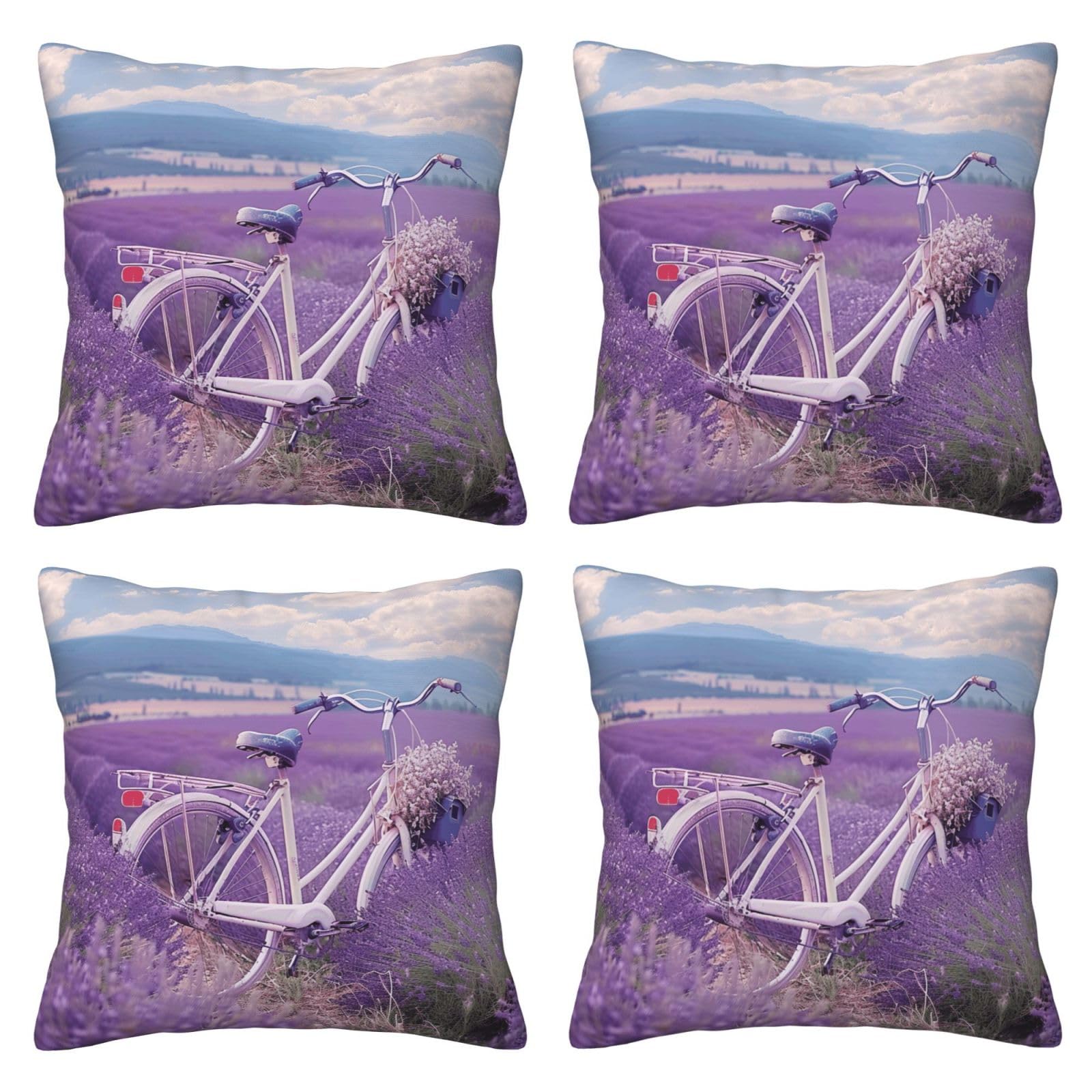 Lavender Field Retro Bike Agriculture Throw Pillow Cases 4 Pack Square Pillowcases Super Soft Pillow Protectors With Zipper for Couch Livingroom Sofa Bed Office Car,30x30 CM