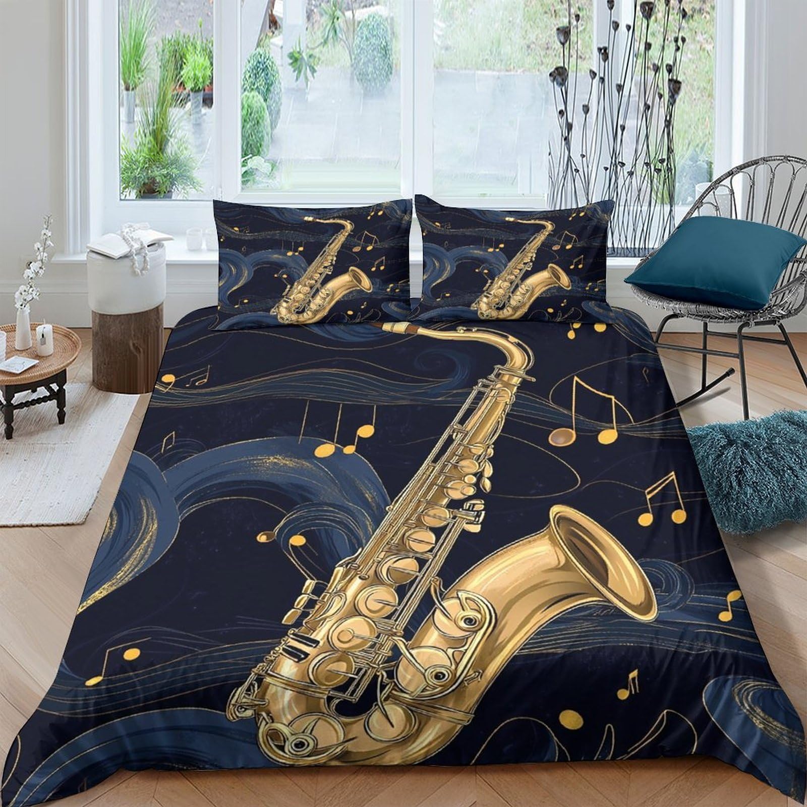 Ctjqhvkz Style-5 3D Printed Saxophone Music Fitted Sheet Microfiber Black Gold Bed Cover For Bedroom Guest Room Decor Mattress Protection Single（135X200cm）