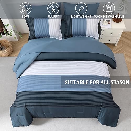 Miniatura 3 de Juego de edredón a rayas azul marino, tamaño King, 7 piezas, ropa de cama de retazos azul marino en una bolsa con juego de sábanas para cama King,