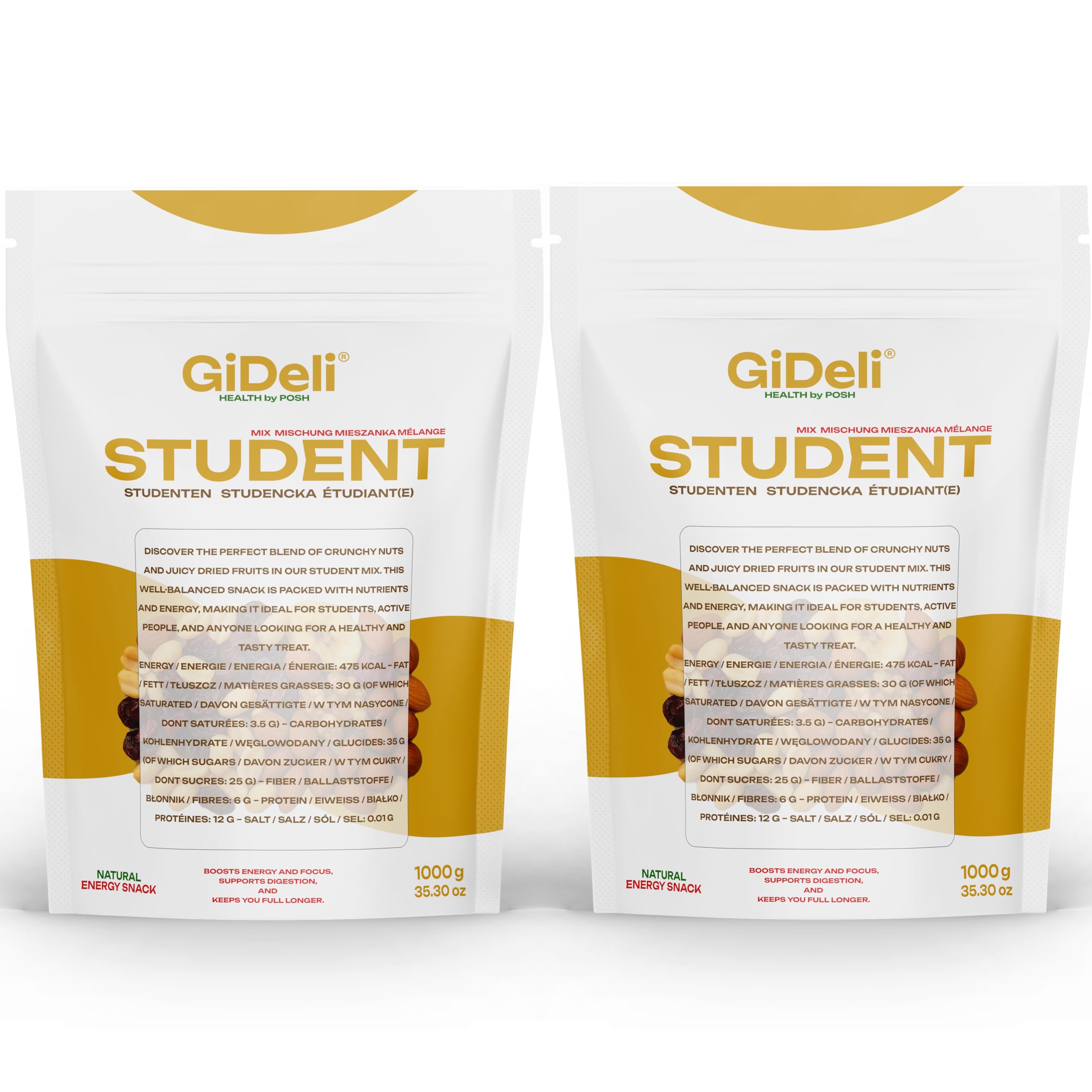 GiDeli Mangime studentesco Premium 2 x 1 kg miscela di frutta con arachidi, anacardi, nocciole, mandorle, noci, uvetta, mirtilli rossi e banane chips senza additivi