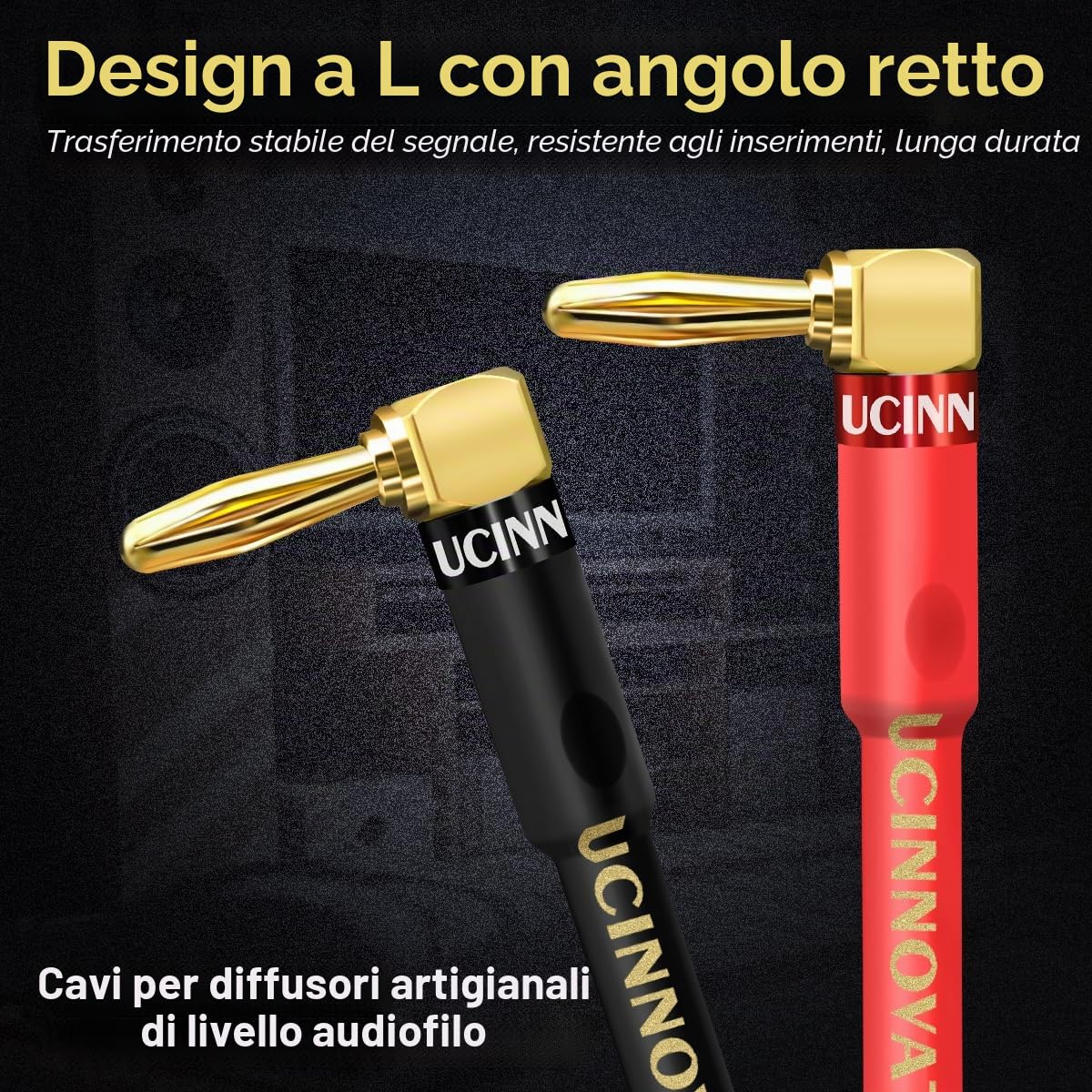 UCINNOVATE Confezione da 2 cavi per altoparlanti da 14 AWG con connettori a banana, HiFi OFC 3 m/9,8 FT cavi per altoparlanti con connettori a banana ad angolo retto placcati in oro per cavo audio per