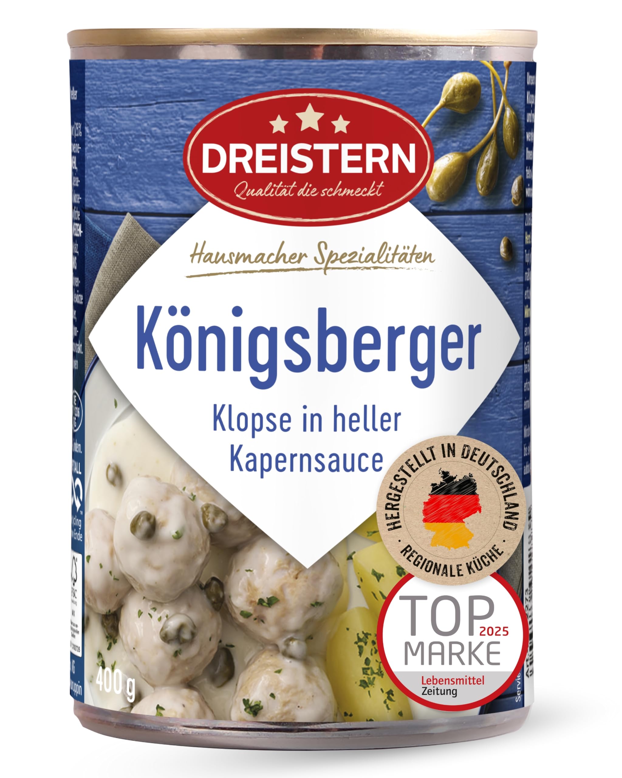 DREISTERN Königsberger Klopse 400g I 4 Klopse in heller Kapernsauce I Herzhaftes Fertiggericht in recyclebarer Konservendose I Lange Haltbarkeit dank natürlicher Konservierung I Hausmacher Qualität