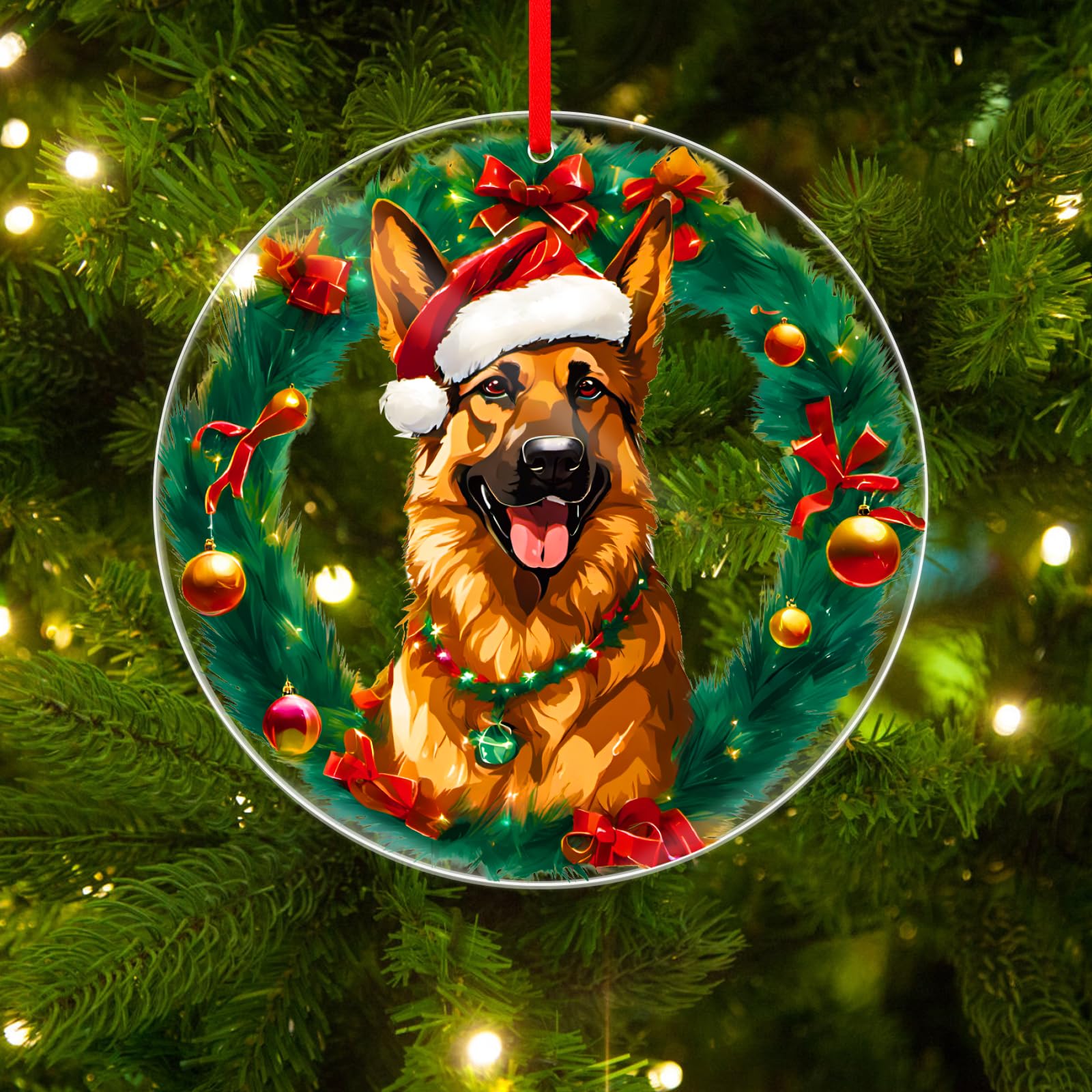 WaaHome German Shepherd Christmas Ornaments Dog Wear Santa Hat Ornaments for Christmas Tree Decorations, Dog Lover Gifts for Women Kids Puppy Pet Lovers