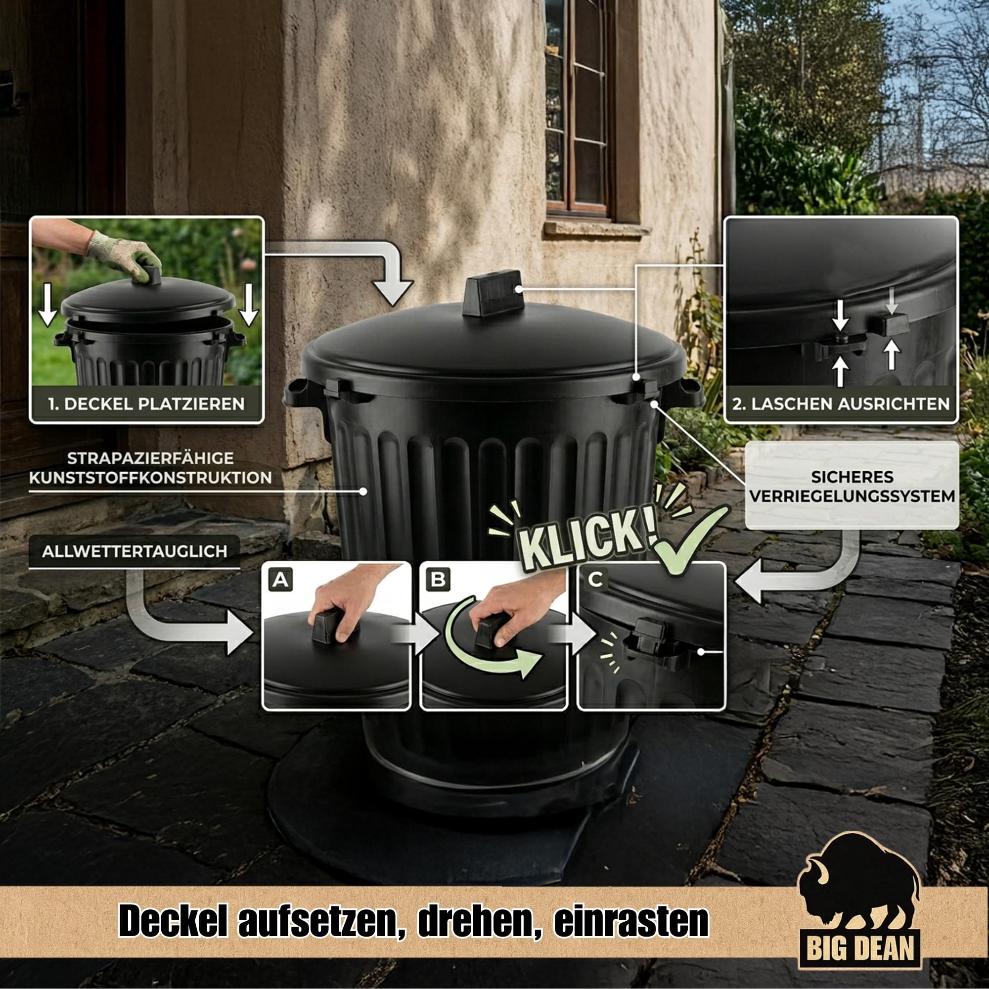 BigDean Poubelle 80 L diamètre 55 cm couvercle refermable