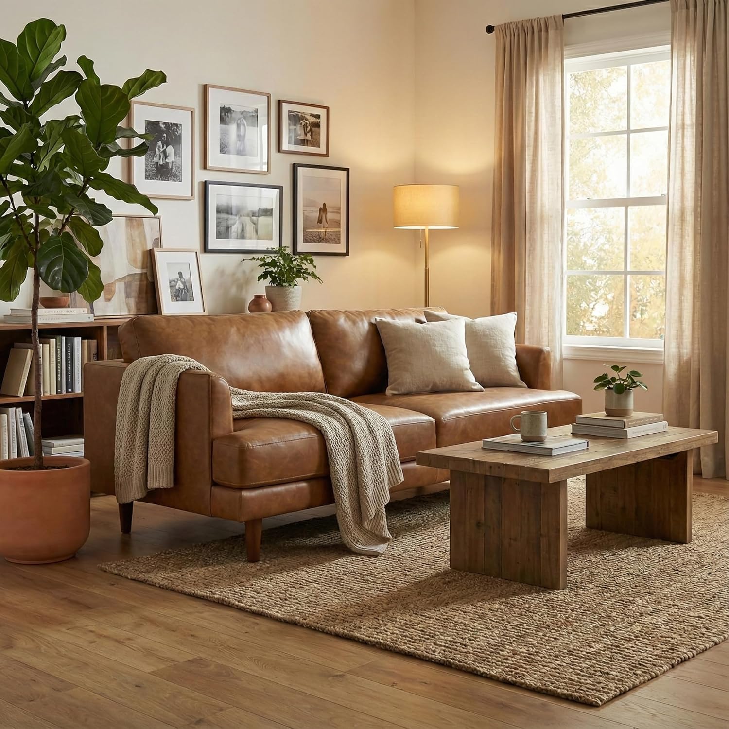 SIMPLIHOME Livingston Sofa - 76 inch Wide Top Grain Genuine Leather Sofa in Caramel Brown, Mid-Century Modern Loveseat for Living Room with Removable Feather-Wrapped Cushions and Solid Wood Frame