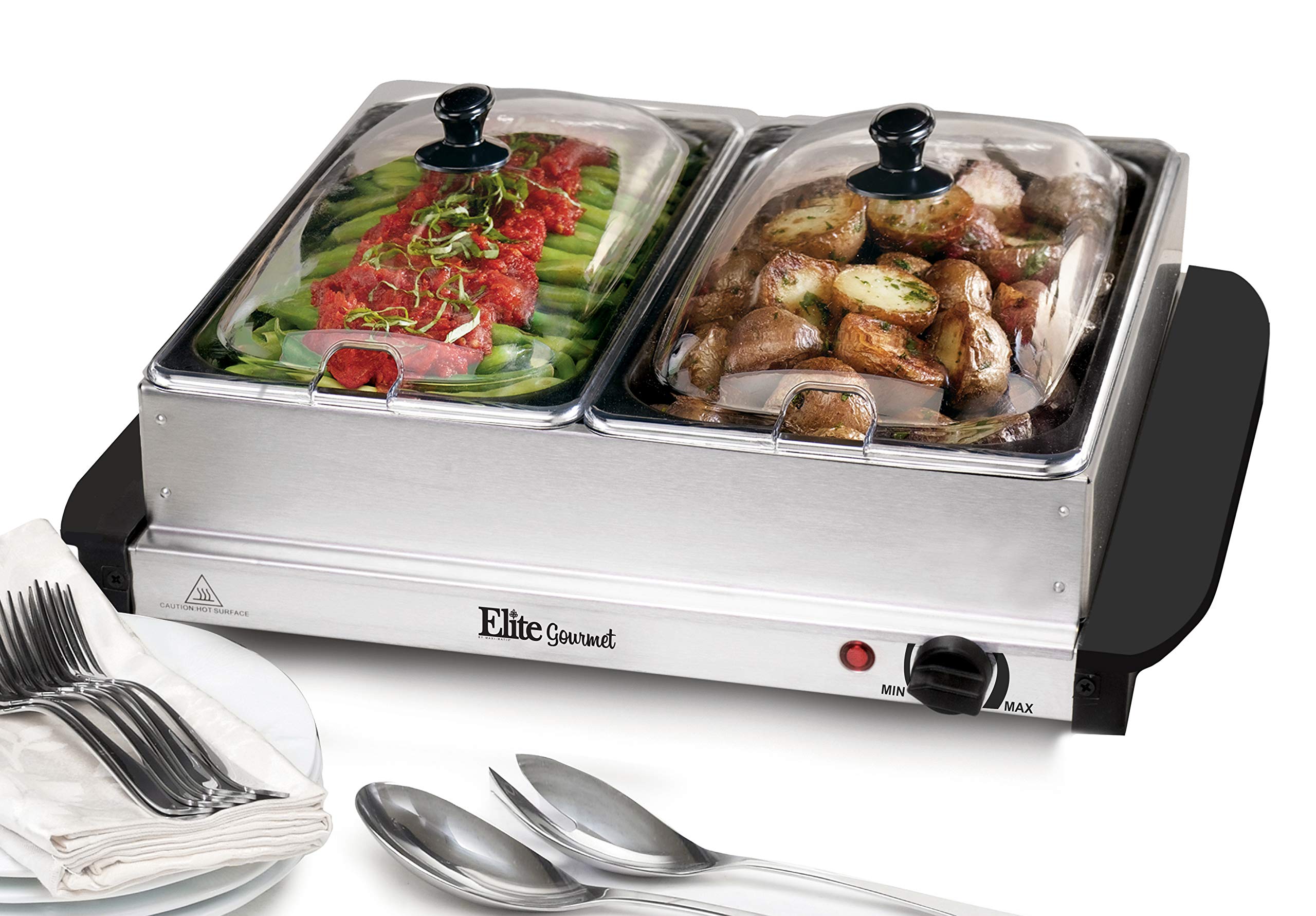 Maxi-Matic Dual Buffet Server Food Warmer Adjustable Temp, For Parties & Holidays, 2.5 Quart, Stainless Steel