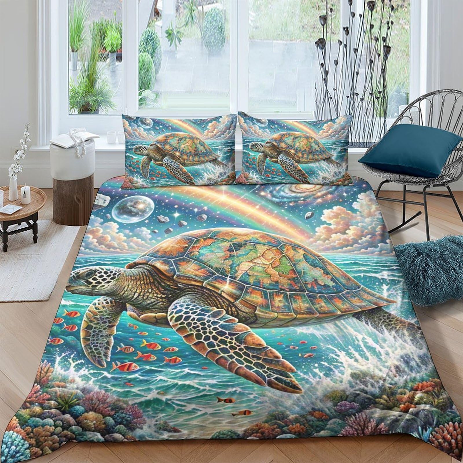 Ctjqhvkz Style-7 3D Printed Sea Turtle Rainbow Fitted Sheet Microfiber Ocean Coral Bed Sheet For Bedroom Guestroom Mattress Decor Single（135X200cm）