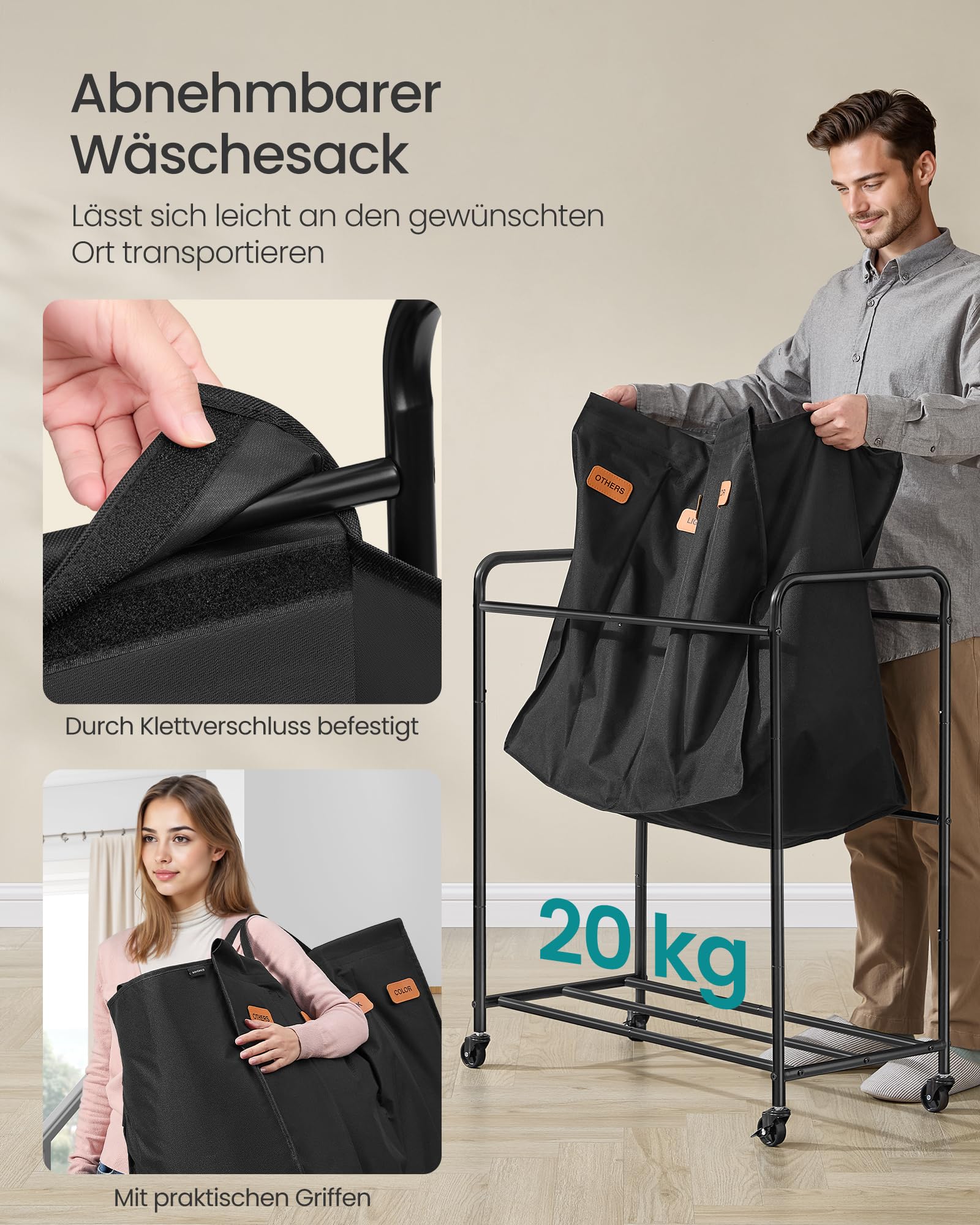 SONGMICS Wäschekorb mit Rollen, Wäschesammler 4 Fächer, 200 L Wäschesortierer, beweglicher Wäschewagen, 5 Etiketten, für Waschküche, Schlafzimmer, Badezimmer, tintenschwarz RLS460B01